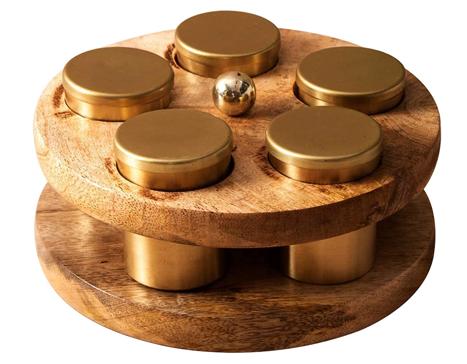 Premium Teak Wood Spice Box with Stainless Steel Jars - 5 Compartment Masala Dabba Organizer with Lids (Gold Trim, 9 Inch Diameter) - Perfect for Indian Cooking, Kitchen Countertop Storage & Spice Organization - 23x23x12 cm, Brown