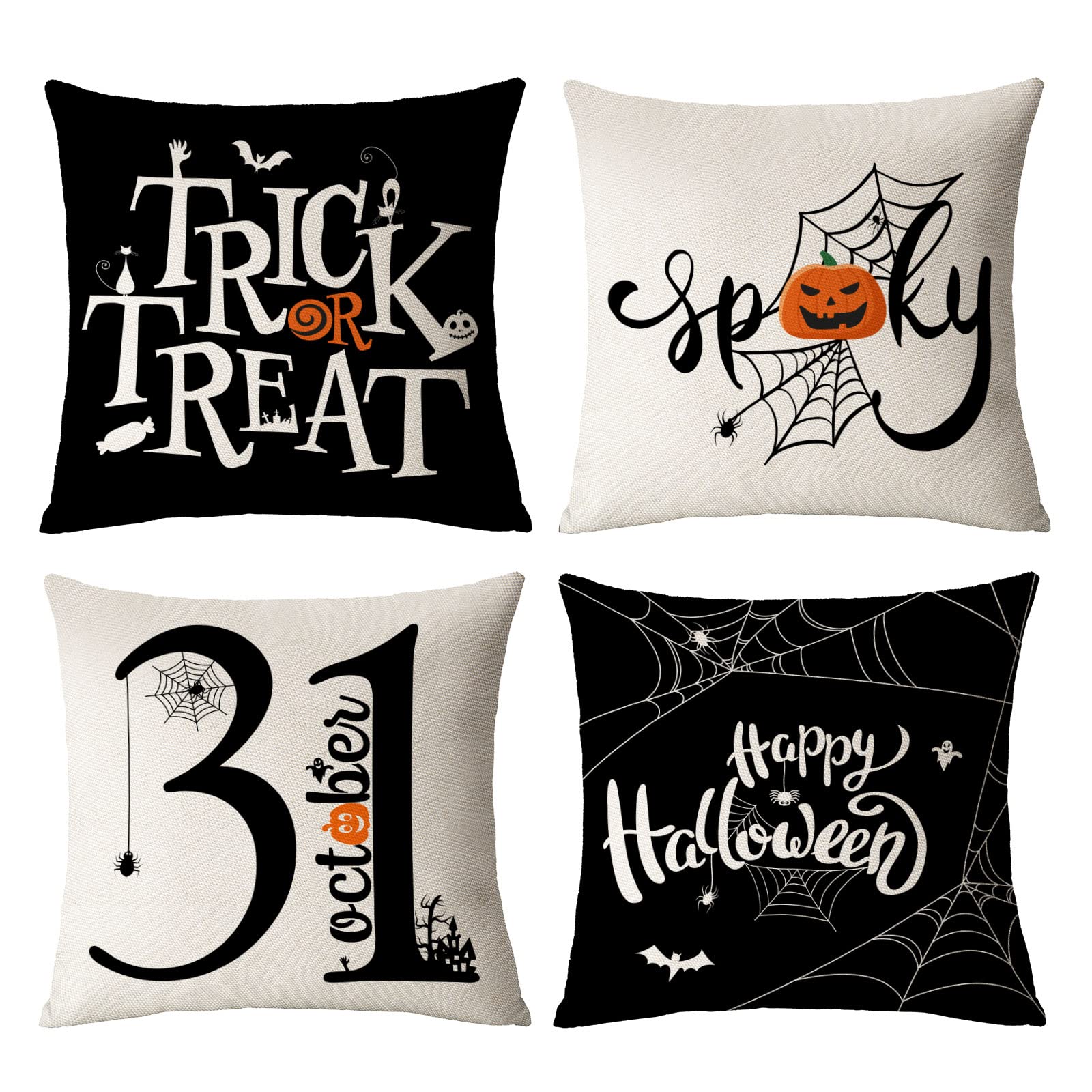 Halloween Pillow Covers 12x12 Set of 4 - Spooky Trick or Treat Throw Pillow Covers with Black Spider Web Design for Sofa, Couch, Bed - Perfect for Indoor & Outdoor Halloween Decorations (12 by 12 Inches)