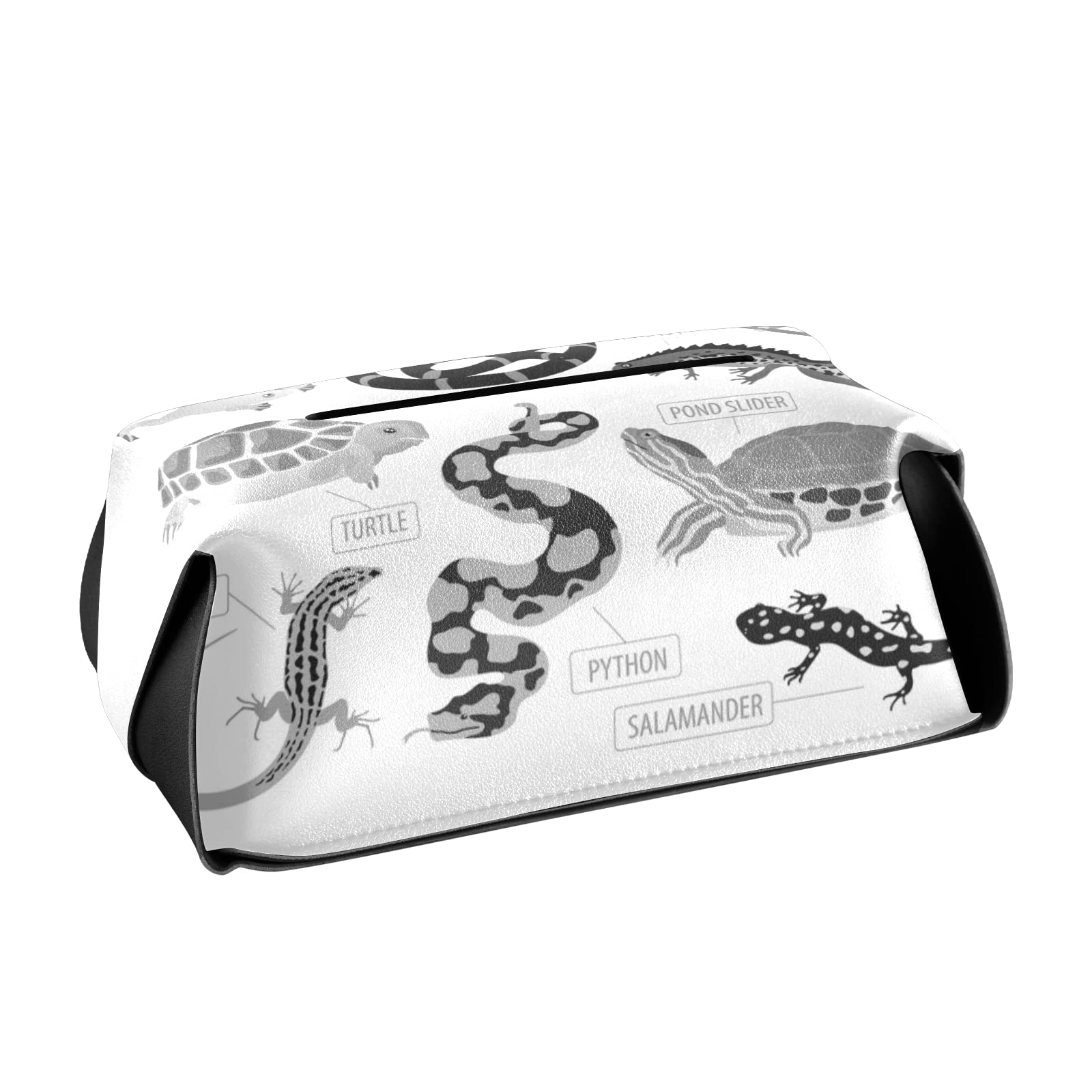 Premium Black & Grey Leather Tissue Box Cover for Reptile Pets (Frog, Iguana, Lizard, Snake, Turtle) - 9.4x5.1x3.6 Inch Rectangle Design with Handle - Perfect for Bathroom, Home, Office Desk, Nightstand, Vanity & Car