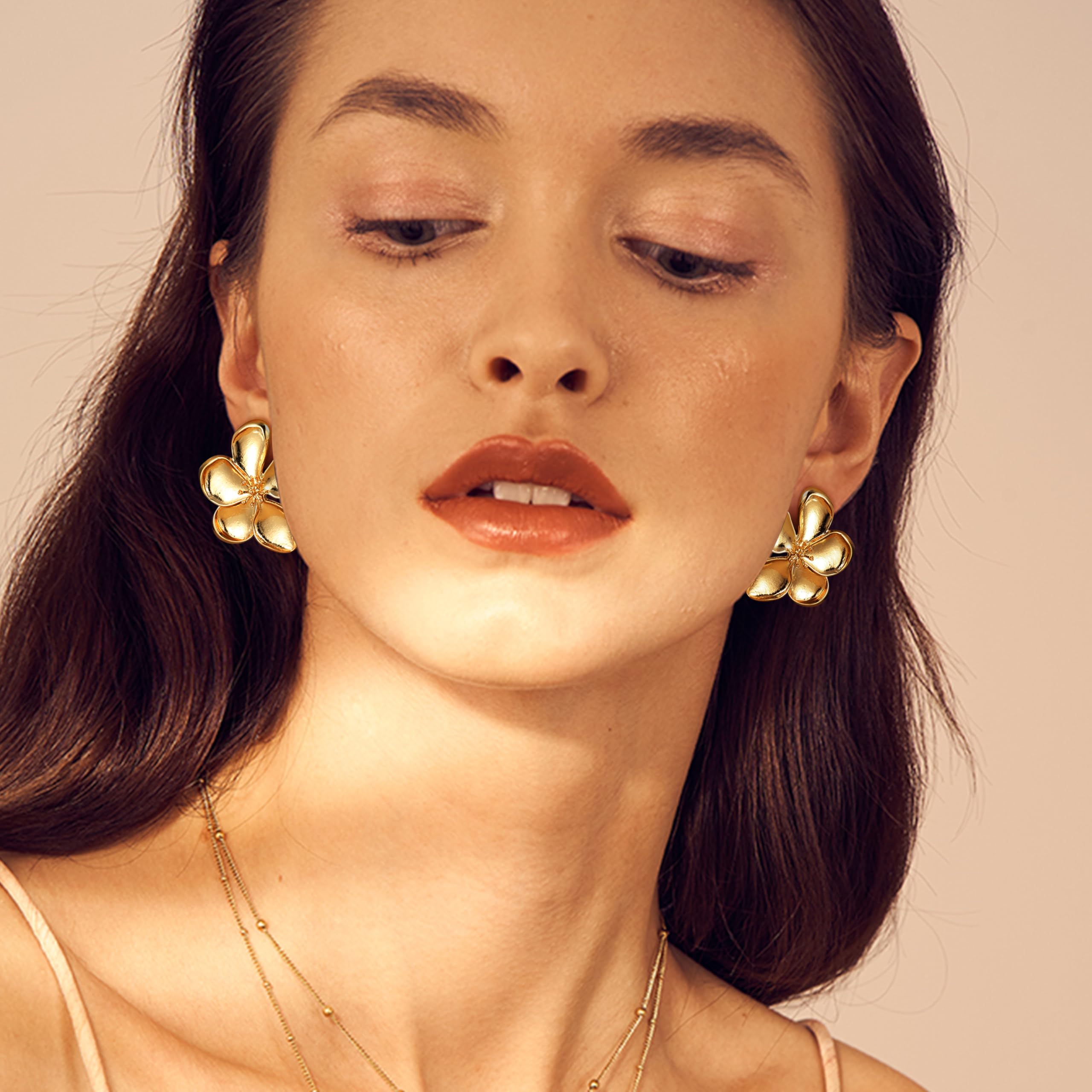 14K Gold Plated Clip-On Earrings for Women - Trendy Non-Piercing Floral Dangle Earrings | Lightweight Fake Earrings Set for Non-Pierced Ears | Perfect for Weddings, Parties & Everyday Wear