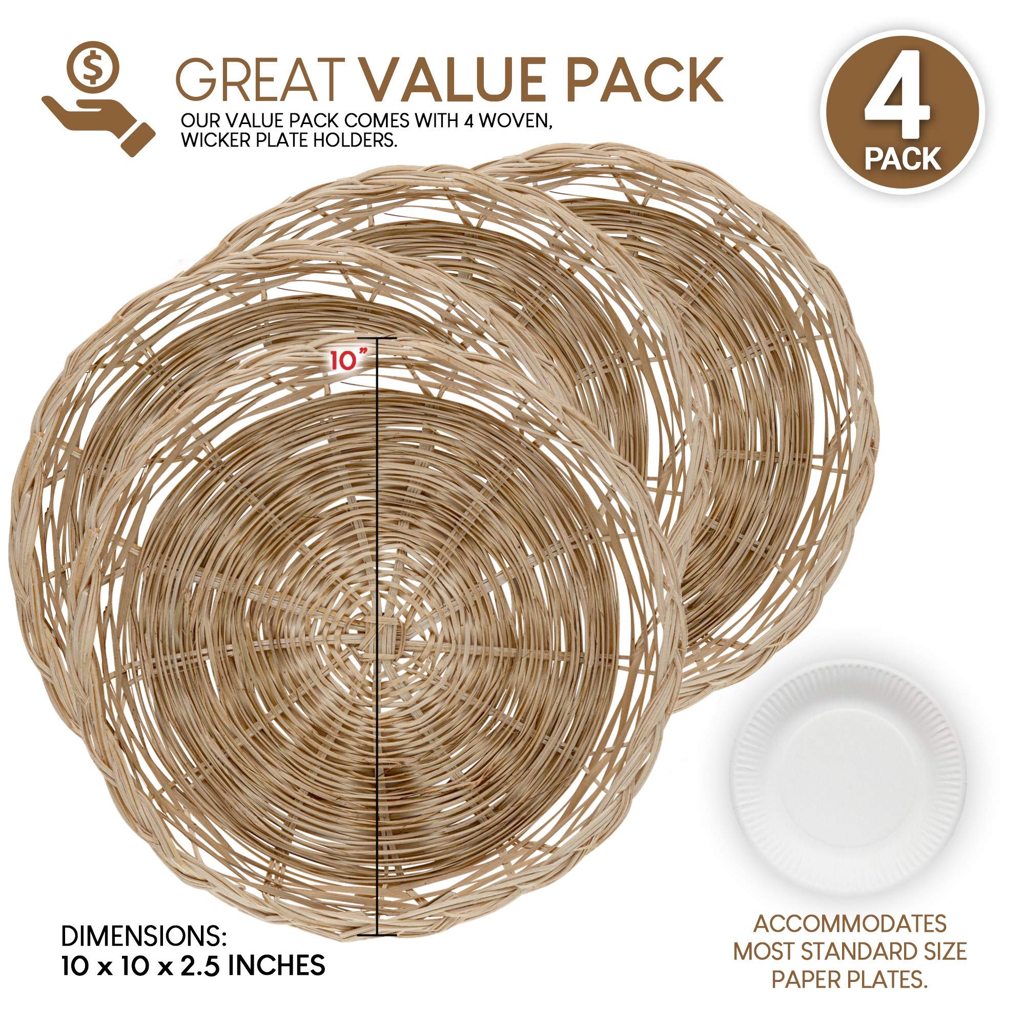 Stock Your Home 10-Inch Bamboo Paper Plate Holder (4 Pack) - Heavy Duty Wicker Reusable Natural Charger Plates for Dinner Parties, Weddings & Eco-Friendly Events
