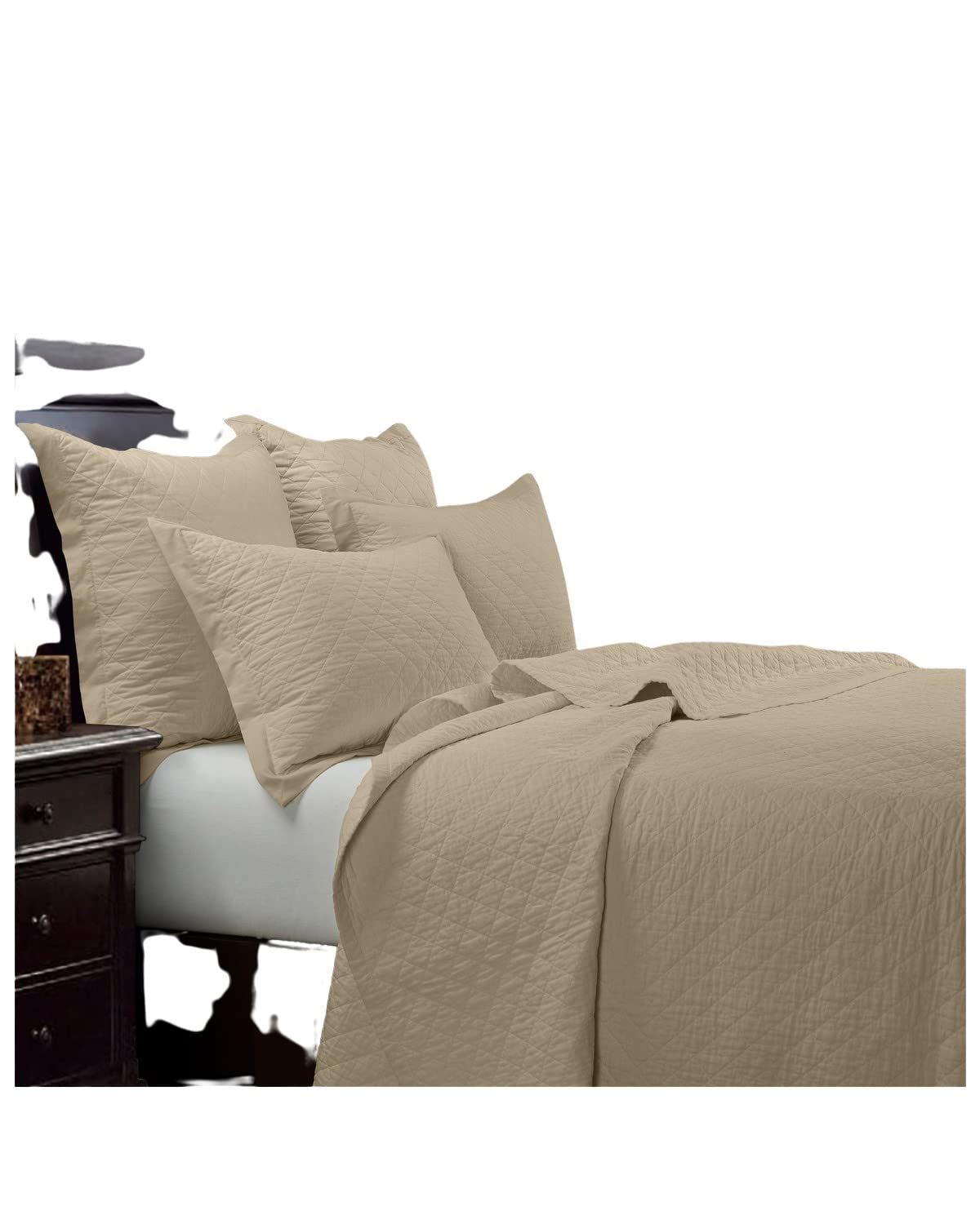 Premium 3-Piece Linen Cotton Diamond Quilt Set with Pillow Shams - King Size Light Tan Solid Color - Classic Traditional Rustic Luxury Bedding - 1 Quilt & 2 Pillowcases - Perfect for Master Bedroom & Guest Room Decor