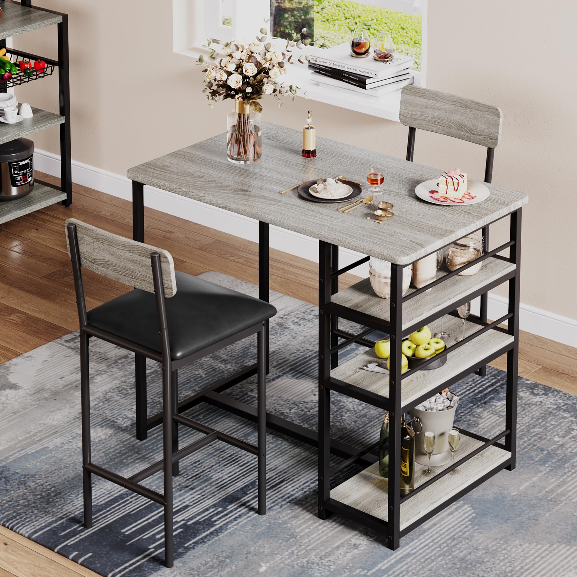 IDEALHOUSE 3-Piece Kitchen Dining Table Set with 2 Upholstered Chairs - Compact Bar Height Table for Small Spaces, Apartments, Breakfast Nooks & Pubs - Rustic Gray Finish - Perfect for Cozy Meals & Entertaining