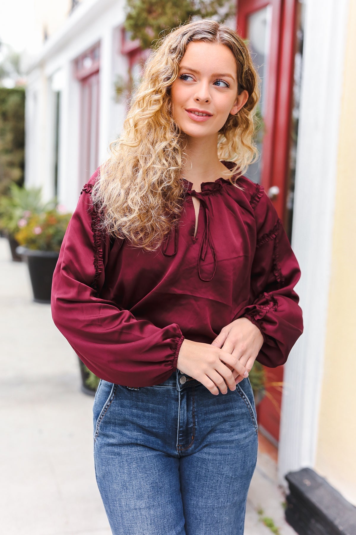 Elegant Burgundy Satin Blouse with Frill Detail & Tie Neck - Perfect for Holiday Parties & Special Occasions