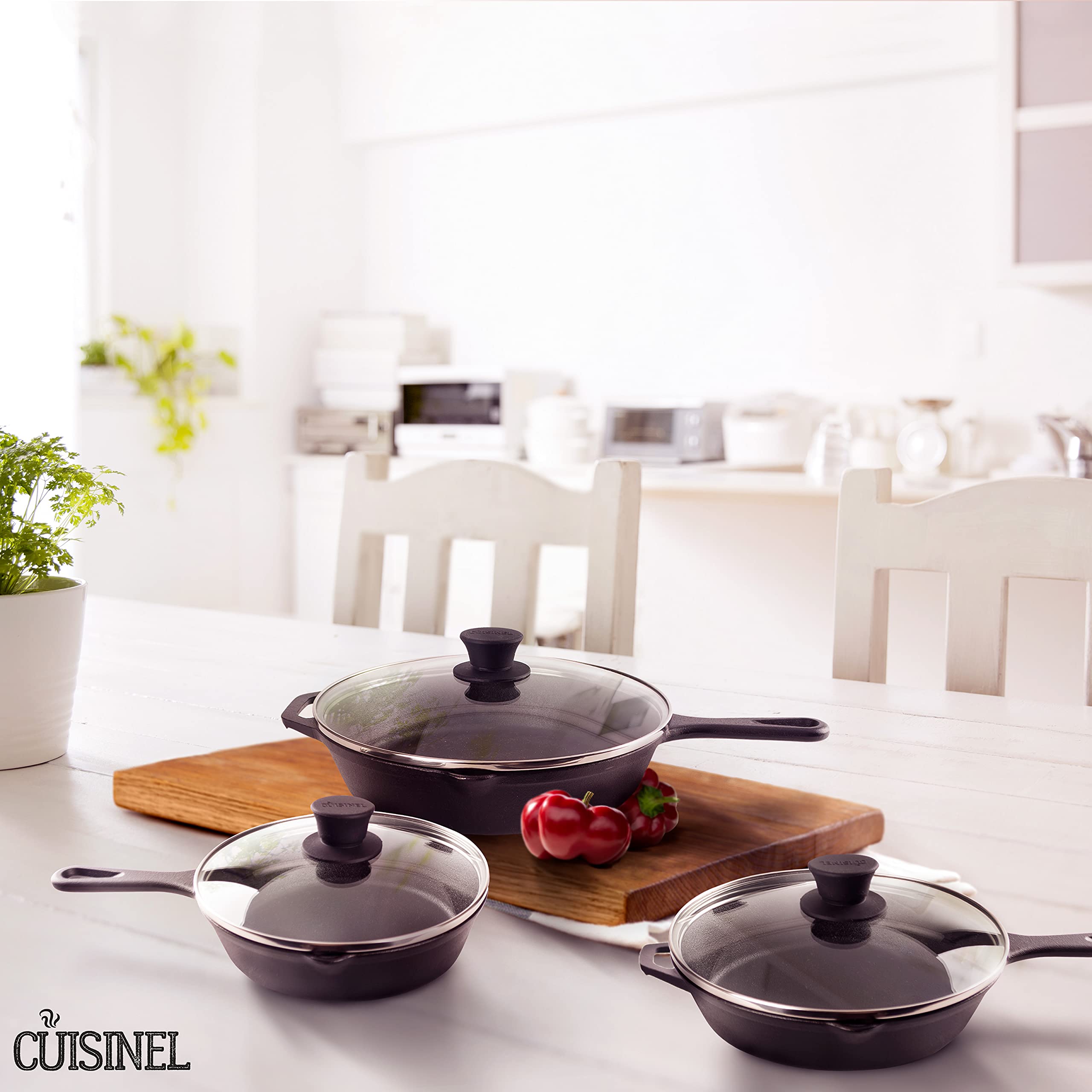 Premium Cuisinel Cast Iron Skillet Set with Glass Lids - 8