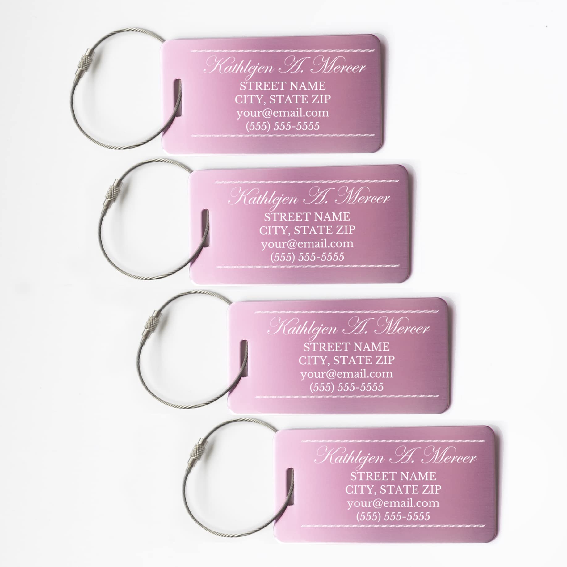 Personalized Metal Luggage Tags Set of 4 - Engraved Name Travel Bag Tags for Suitcases (Rose Gold, Mercer Design) | Unique Gift Idea for Travel Lovers, Perfect for Airports, Cruises & Vacation Trips