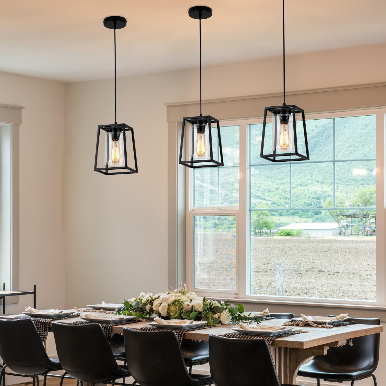 Black Farmhouse Pendant Lights with Clear Glass Shade - 1-Light Linear Chandelier for Kitchen Island, Dining Room, Entryway, and Modern Farmhouse Decor