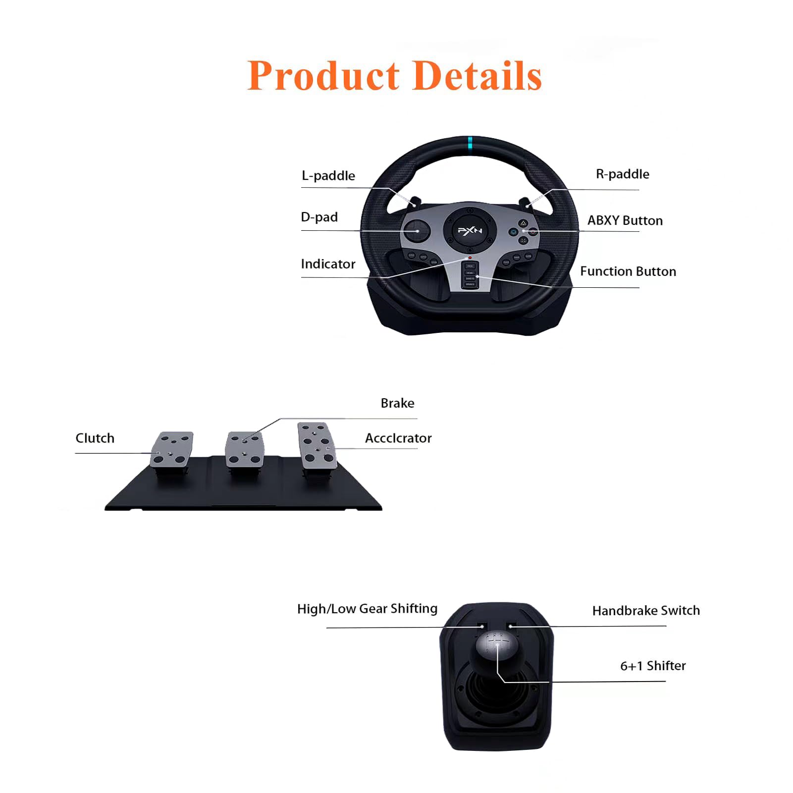 PXN V9 270/900 Degree USB Racing Wheel with Clutch Pedals & Shifter - PC Steering Wheel for Windows, PS3/PS4, Switch, Xbox One & Series X/S - Perfect for Sim Racing, Drifting & Gaming Enthusiasts