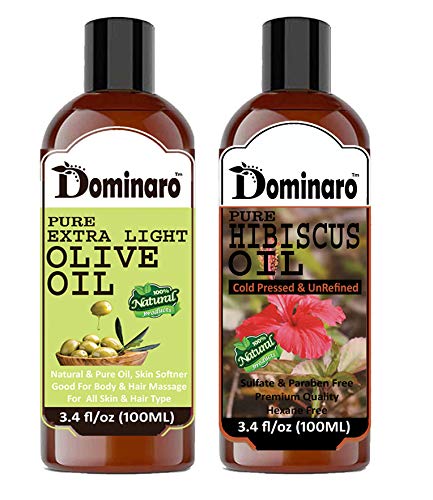 Dominaro 100% Pure Natural Extra Light Olive Oil & Hibiscus Hair Oil for Growth & Shine - 200ml | Nourishing Scalp Treatment for Dry, Damaged Hair | Perfect for Daily Hair Care & Massage
