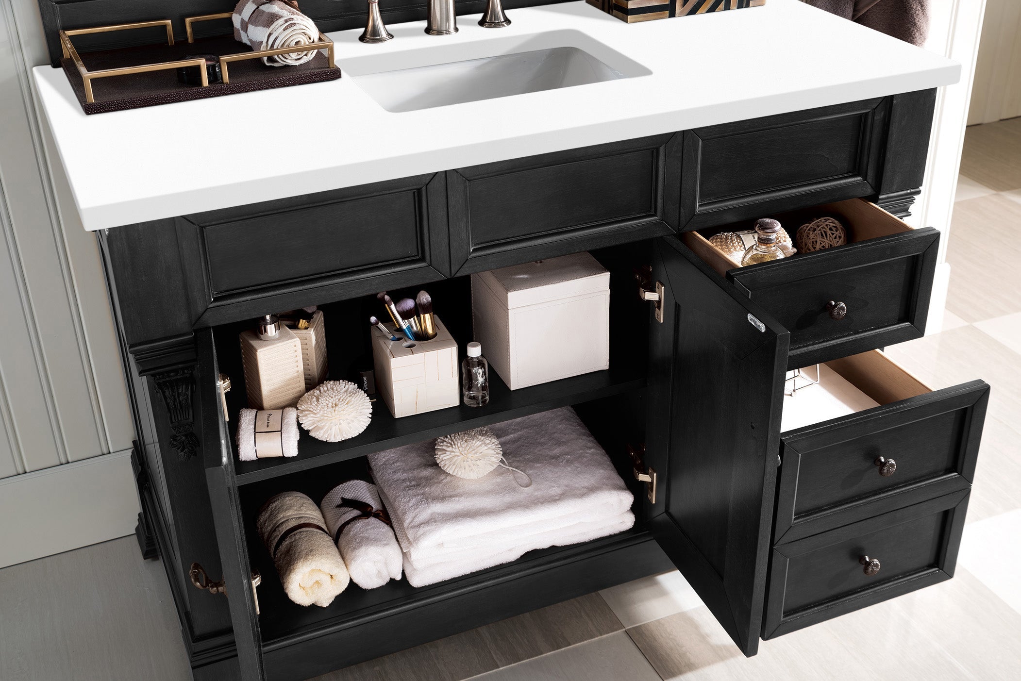 Brookfield 48 Inch Antique Black Bathroom Vanity with 3CM Classic White Quartz Countertop - Perfect for Modern & Traditional Bathroom Designs