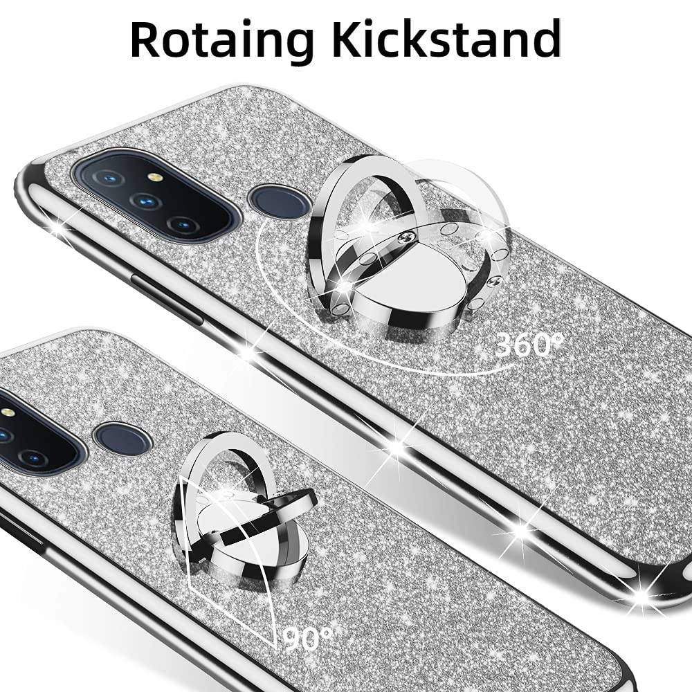 OnePlus Nord N100 Phone Case with Ring Kickstand & Lanyard - Cute Glitter TPU Bumper Cover for Shockproof Protection (Silver) - Perfect for Women, Men & Teens - Daily Use, Work, Travel & Outdoor Activities