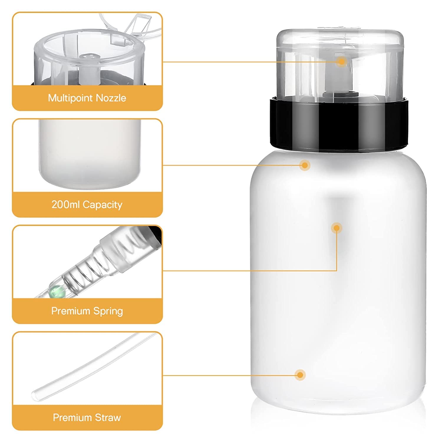 2 Pack Acetone Pump Dispenser - 200ml (6.8oz) Lockable Push Down Pump Bottle for Nail Polish Remover & Alcohol Dispensing | Perfect for Salon, Home Manicure & Makeup Removal