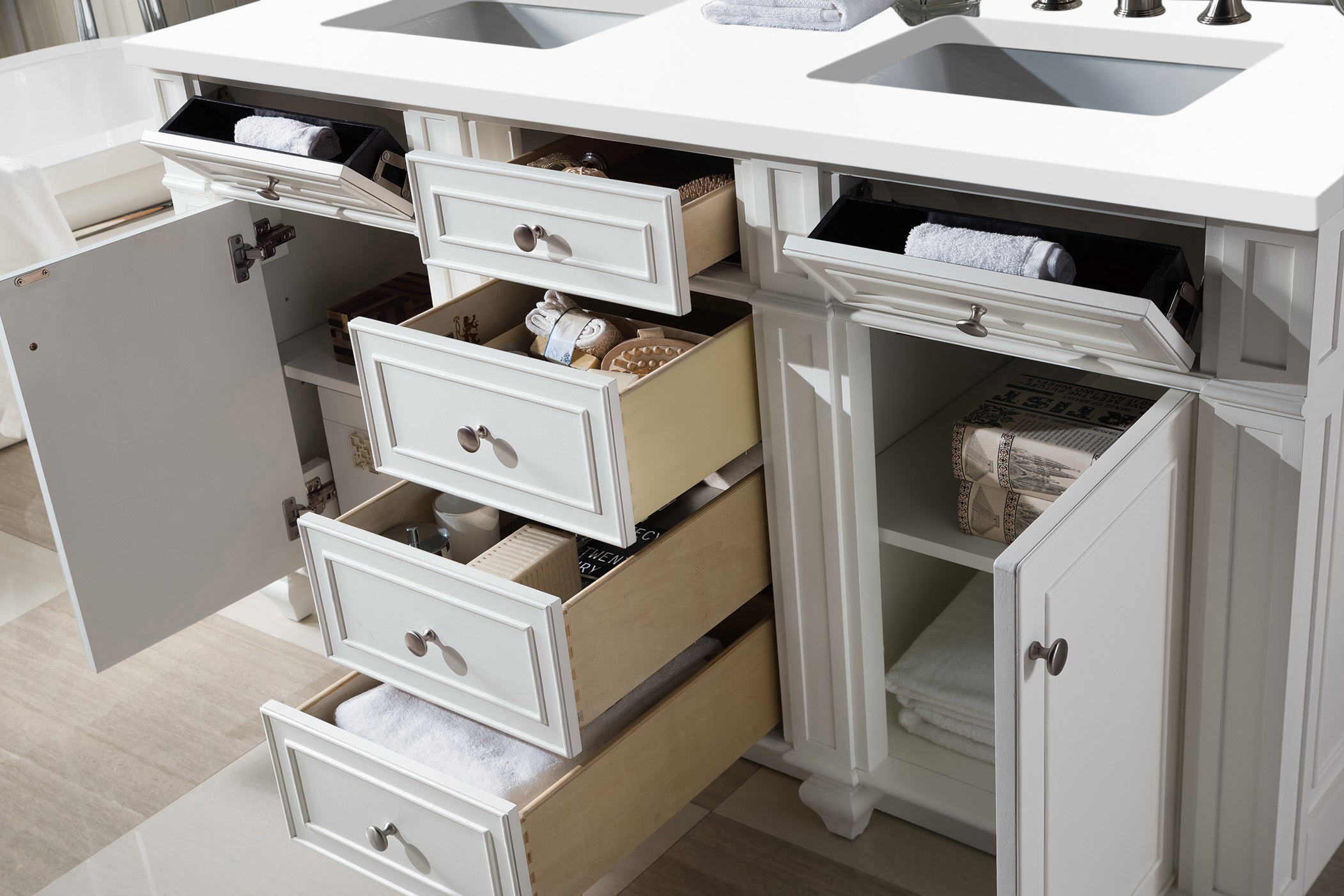 Bristol 60-Inch Double Bathroom Vanity with White Quartz Countertop - Modern Bright White Bathroom Sink Cabinet with 3CM Thick Classic Quartz Top - Perfect for Master Bathroom Renovation and Guest Bathroom Upgrade