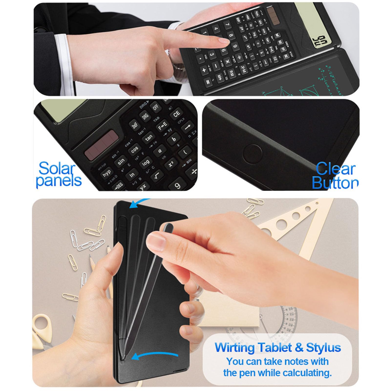 Solar Powered LCD Writing Tablet with Calculator - Foldable Handwriting Board for Students, Office & Home Use (Dual Power: Solar & Battery) - Perfect for Math, Notes & Sketches