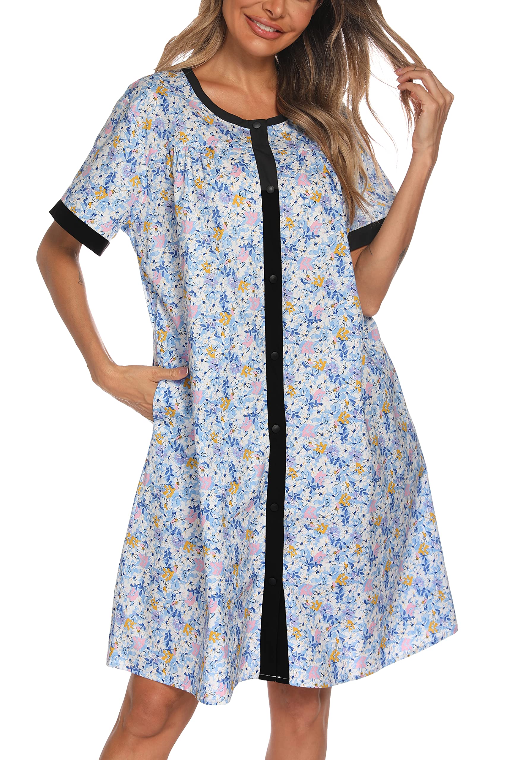 YOZLY Women's Short Sleeve House Dress - Comfortable Duster Robe & Moomoo Nightgown with Pockets | Perfect for Lounging, Sleeping & Home Wear