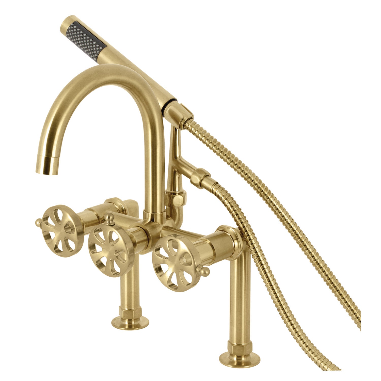 Belknap AE8107RX 3-Handle 2-Hole Deck Mount Clawfoot Bathtub Faucet with Hand Shower in Brushed Brass - Vintage Style Bathroom Fixture for Classic & Modern Homes