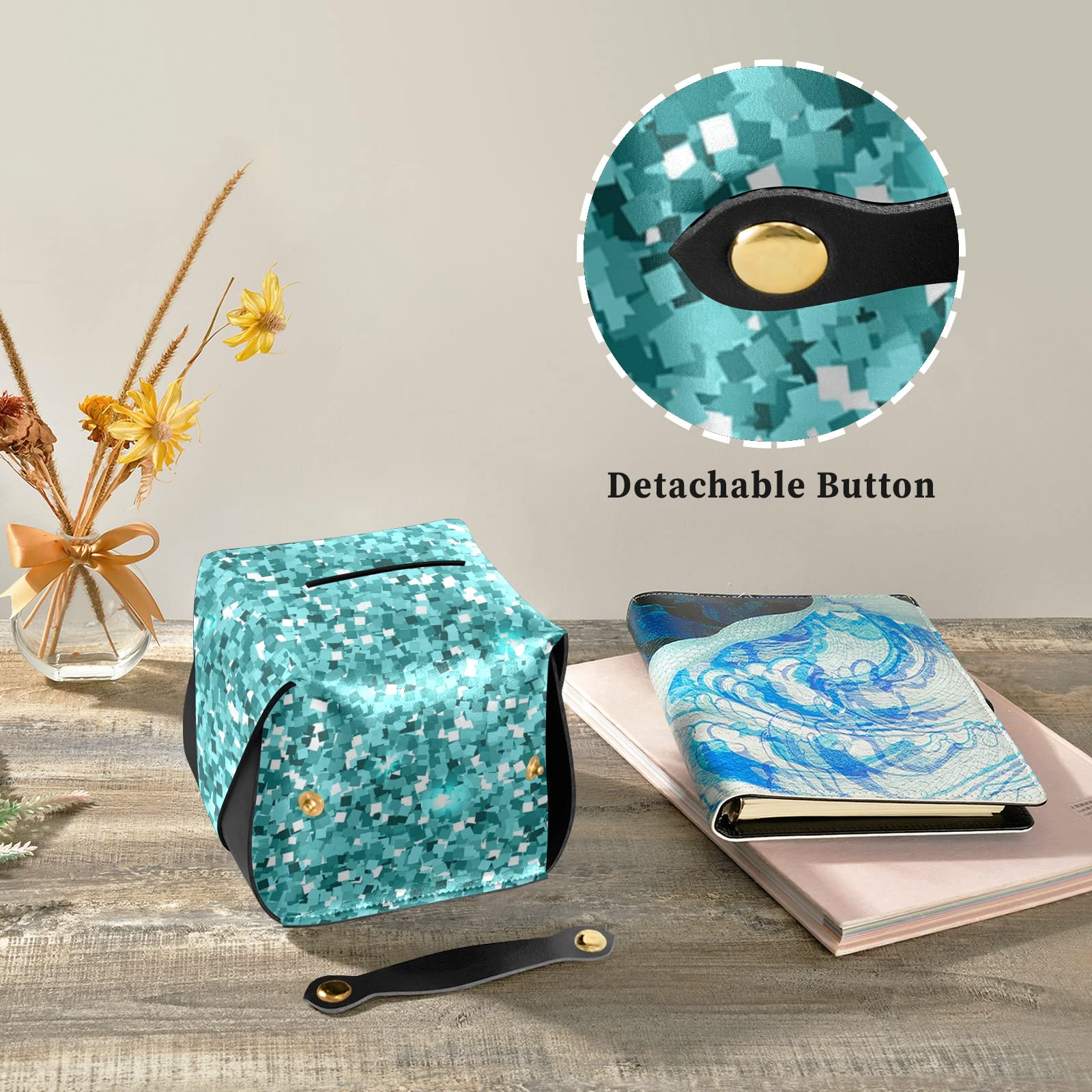 Poeticcity Blue Turquoise Glitter Seamless Print Leather Tissue Box Cover - 9.4x5.1x3.6 Inch Decorative Holder for Bathroom, Office, Nightstand & Vanity | Perfect for Home Decor, Gift Ideas & Organization