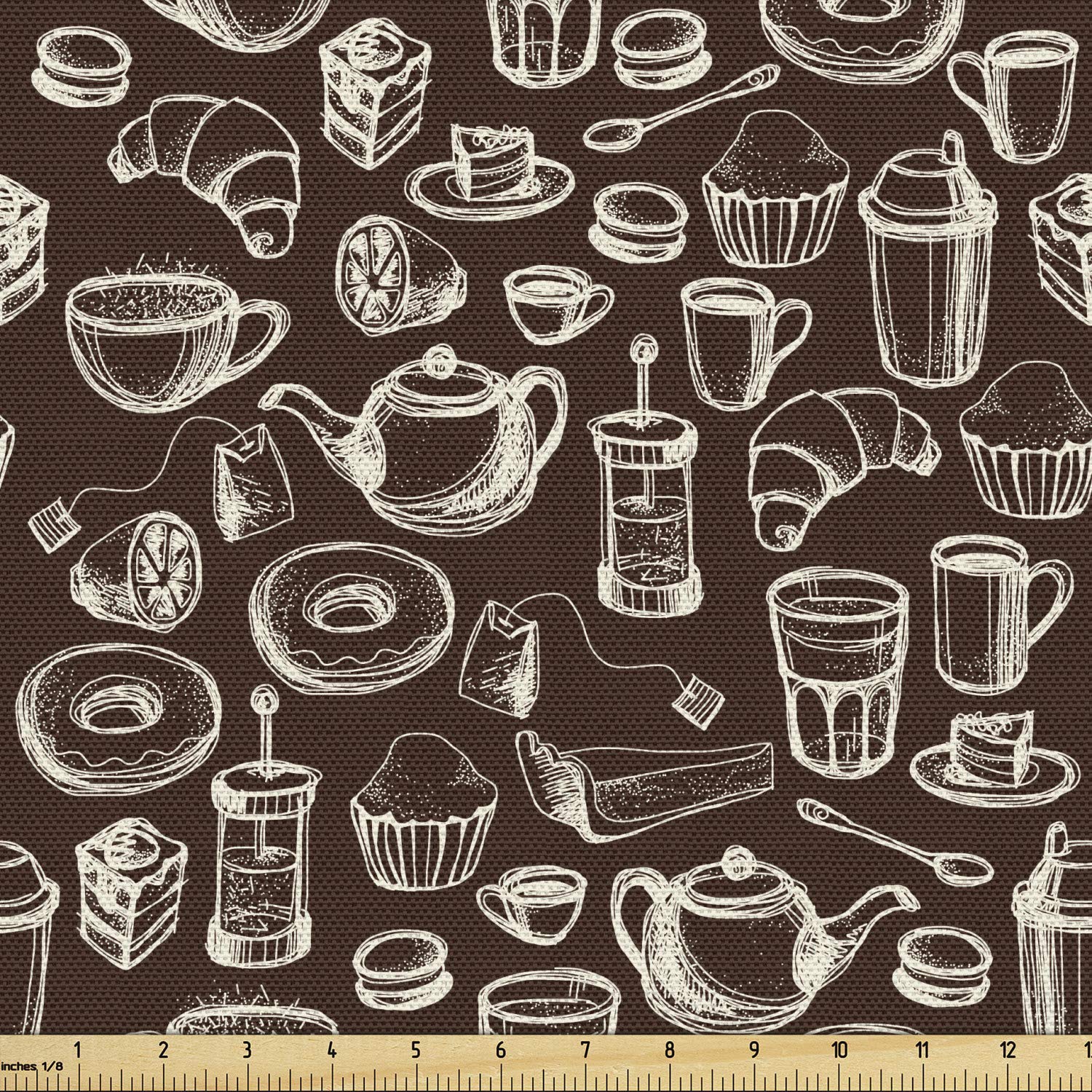 Ambesonne Brown and White Fabric by The Yard - Hand Drawn Coffee, Tea Cups, Donuts & Sweets Pattern - Decorative Upholstery & Home Accent Fabric - 10 Yards - Dark Brown & White - Perfect for DIY Projects, Curtains, Pillows & Table Runners