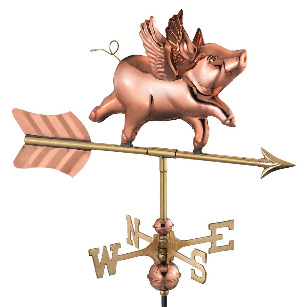 Pure Copper Flying Pig Cottage Weathervane with Roof Mount - Whimsical Garden Decor for Outdoor & Farmhouse Style Homes