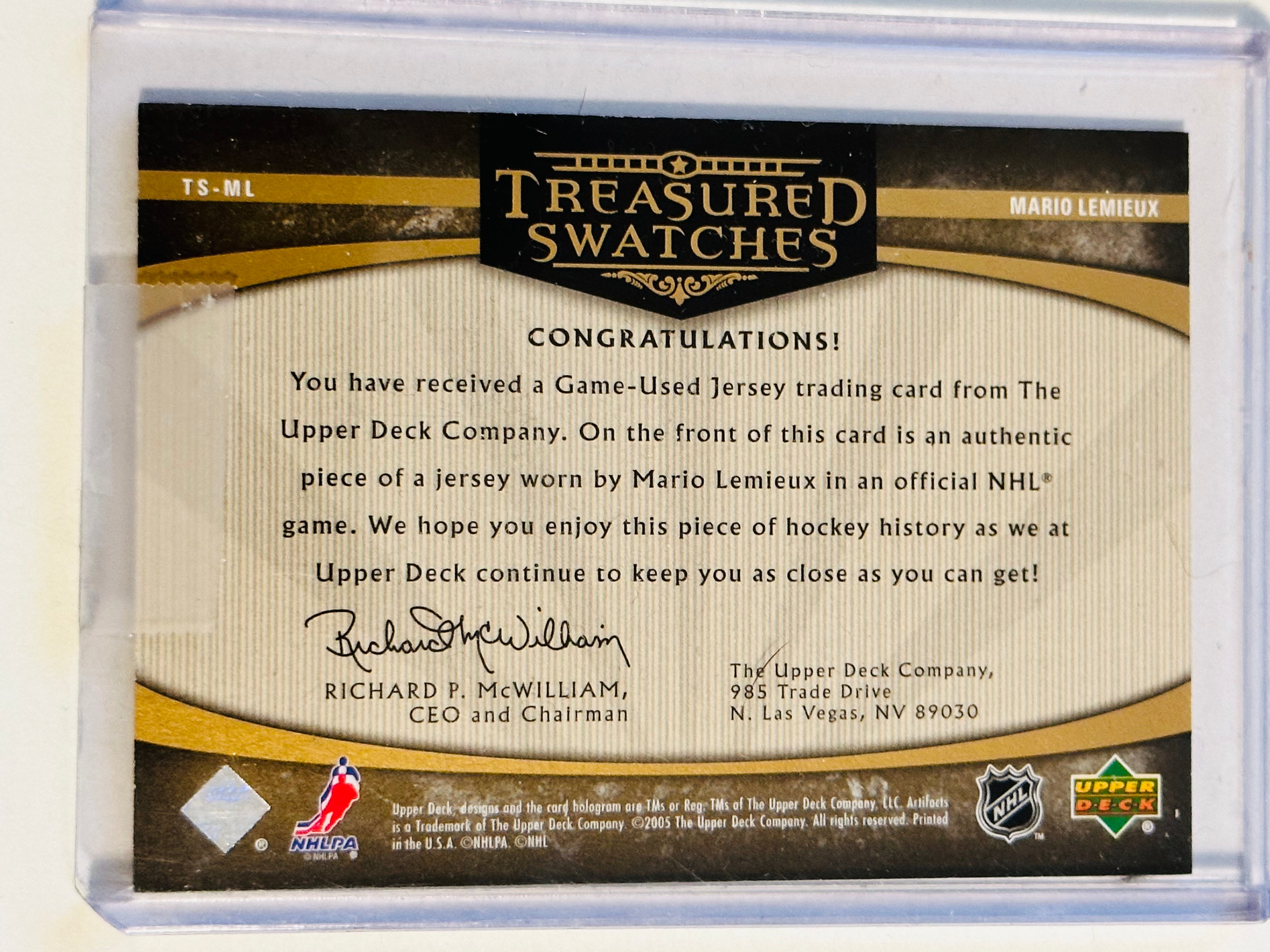 Rare Mario Lemieux Upper Deck Treasure Swatches Insert Card - Numbered Collectible for Hockey Fans & Sports Memorabilia Enthusiasts - Perfect for Display, Trading, and Investment