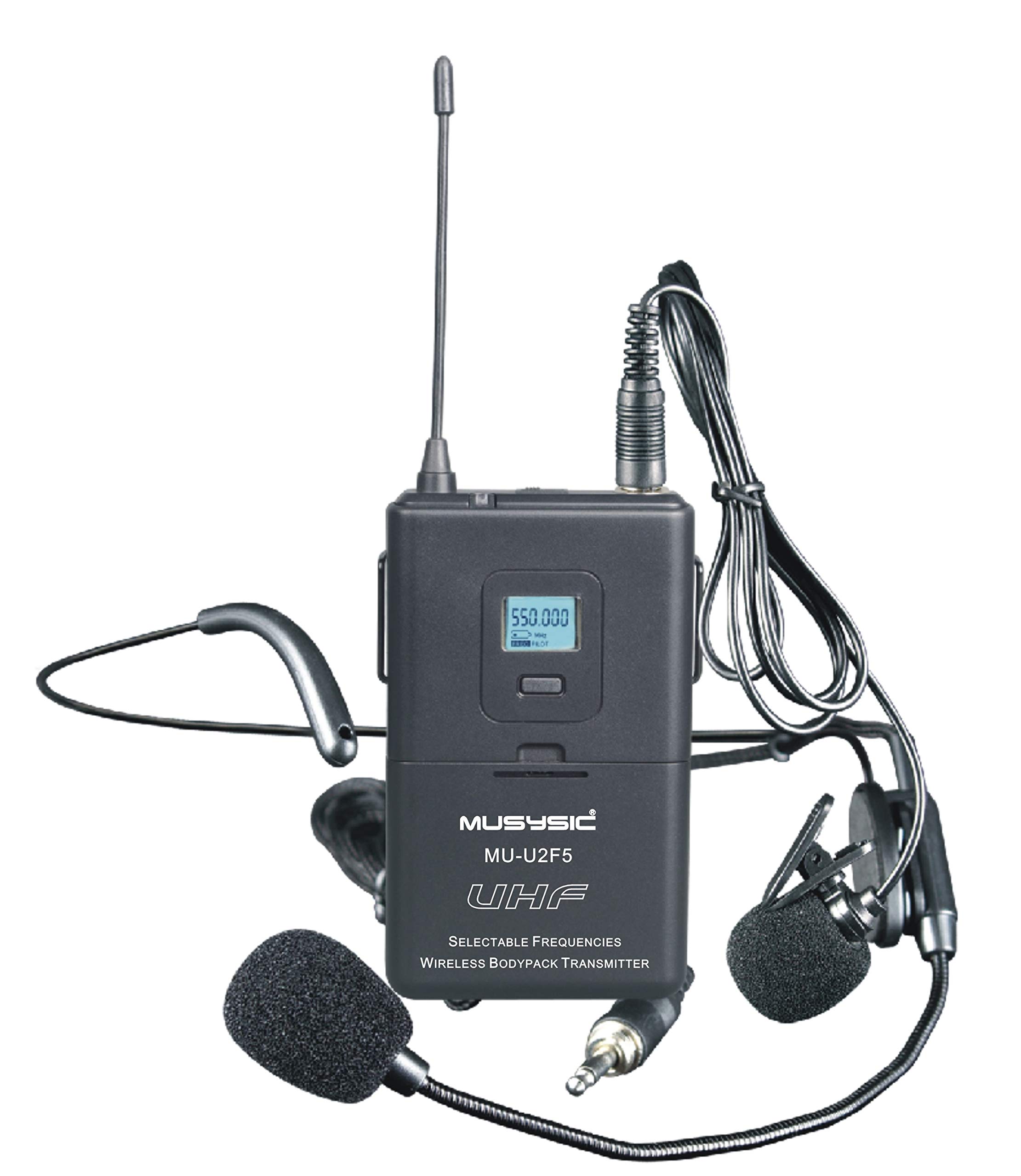 MUSYSIC MU-U2F5-LL Dual Channel UHF Wireless Microphone System - 2x100 Frequency Bands, Lavalier Lapel & Headset Mic (FCC Certified) - Perfect for Live Performances, Presentations, Broadcasting & Church Events