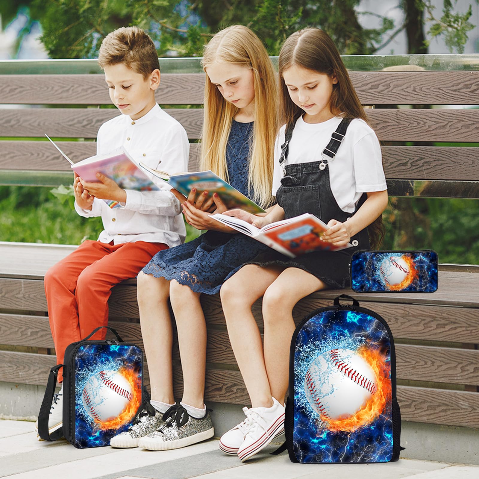 **Kids Backpack Set with Lunch Box & Pencil Case - 3PCS School Backpack for Boys & Girls, Middle & High School Students - Baseball Blue Design - Perfect for School, Travel & Daily Use**