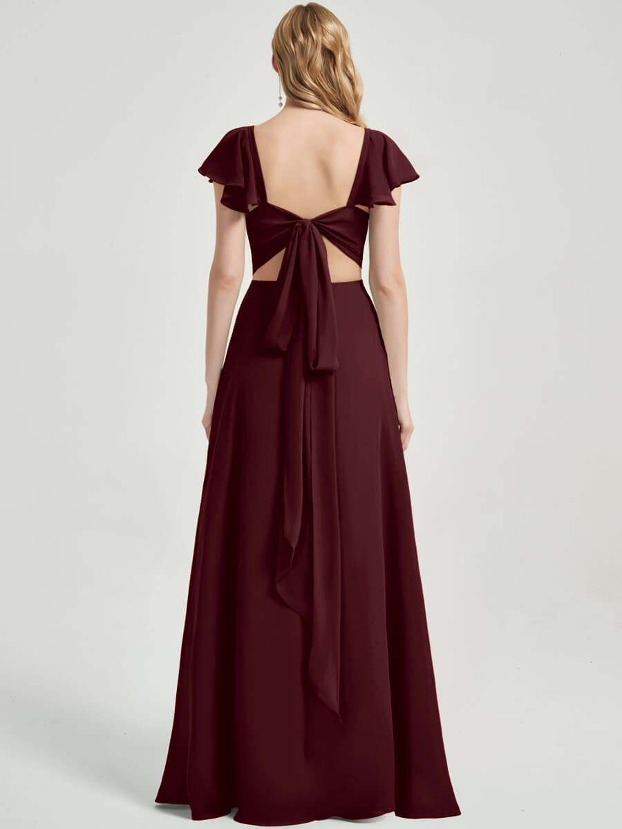 Elegant Burgundy Ruffle Cap Sleeve Floor Length Bridesmaid Dress With High Slit - Perfect for Weddings, Formal Events & Evening Parties