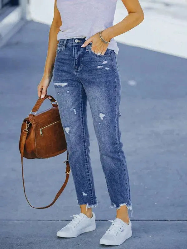 Women's Ripped Straight Leg Jeans - Distressed Denim Pants for Casual Wear, Street Style & Everyday Outfits | Trendy High Waist Vintage Blue Jeans for Women