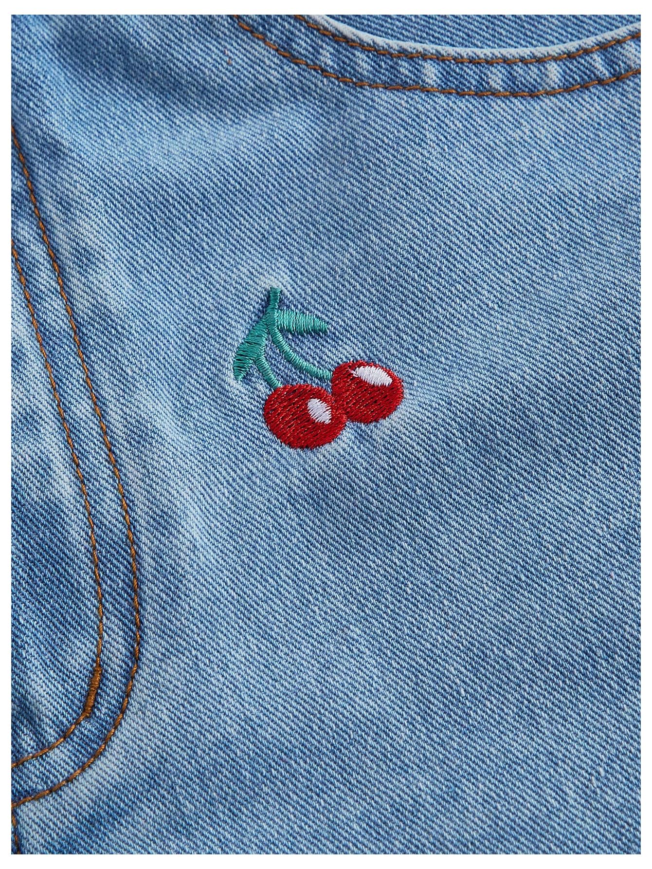 WDIRARA Women's High Waist Denim Shorts - Cherry Blossom Embroidery Design, Rolled Hem Distressed Jean Shorts for Summer | Casual Outfit, Beach Vacation, Streetwear Fashion