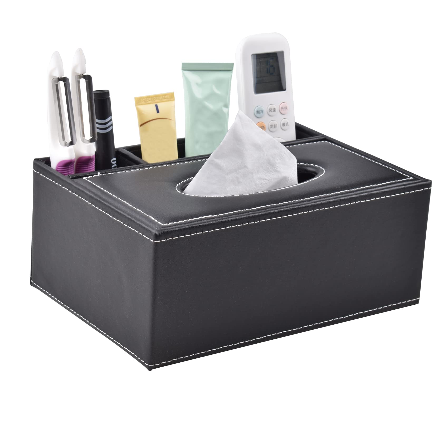 Multifunctional Leather Tissue Box Cover - Decorative Rectangular Kleenex Holder with 3 Storage Grids, Black Desk Organizer for Home & Office