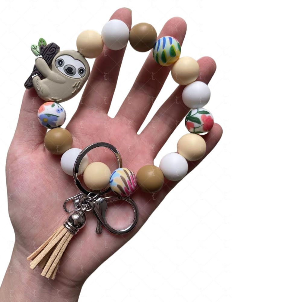 Khaki Sloth Keychain Wristlet - Cute Silicone Beaded Wristlet Keychain for Women & Girls | Perfect Gift for Sloth Lovers | Great for Key Organization, Bag Accessories & Everyday Carry
