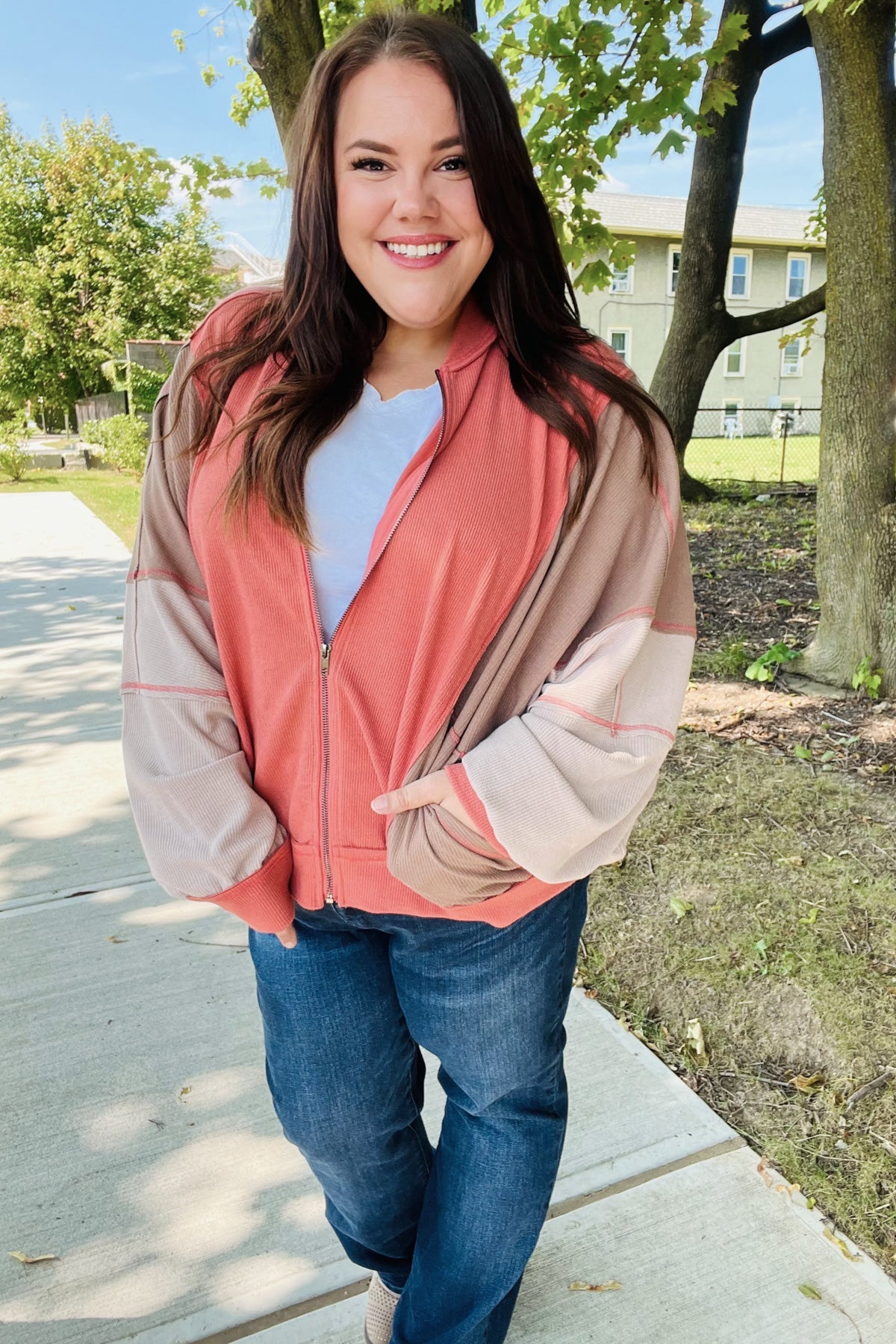 Boldy You Women's Camel Dolman Sleeve Colorblock Knit Bomber Jacket | Cozy Fall Outerwear for Casual Outings & Street Style Fashion