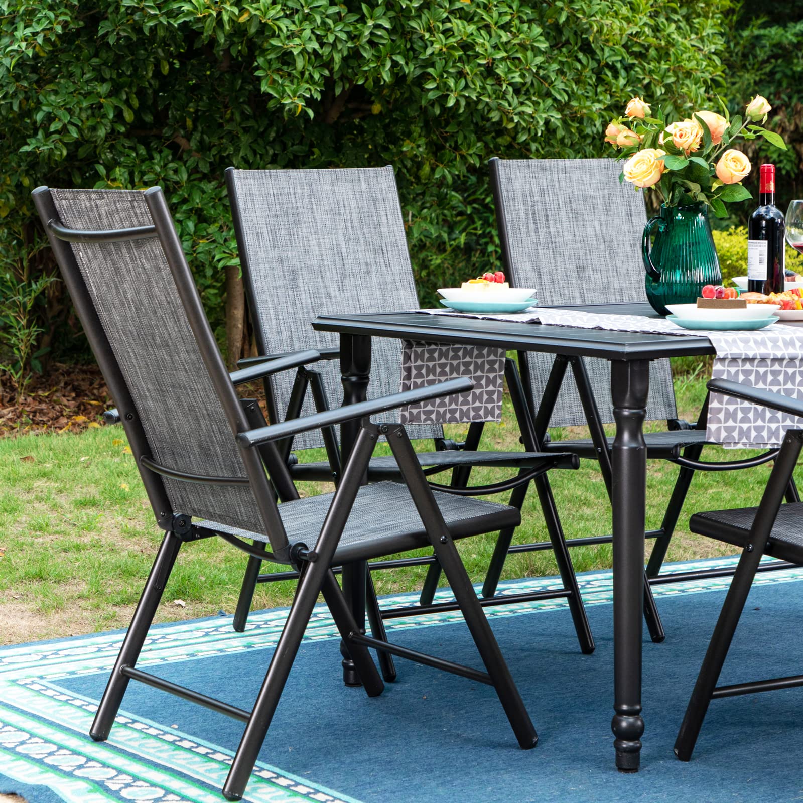 Sophia & William 5-Piece Outdoor Patio Dining Set - Foldable Textilene High-Back Chairs & Square Metal Table with Umbrella Hole - Grey - Perfect for Backyard, Garden, Poolside & BBQ Gatherings