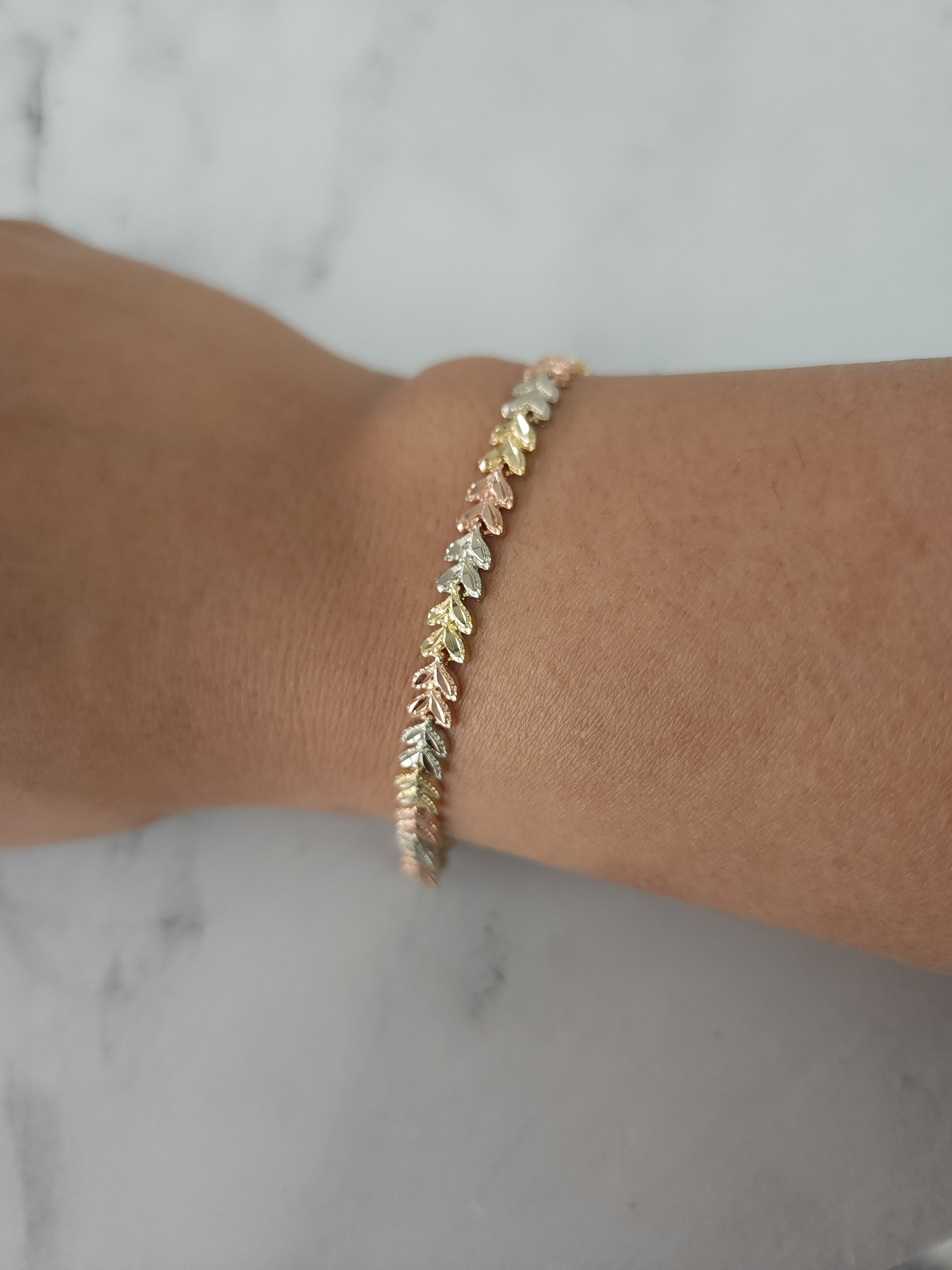 Elegant Yellow, White & Rose Gold Leaf Design Bracelet with Diamond Cuts - Perfect for Weddings, Anniversaries & Special Occasions