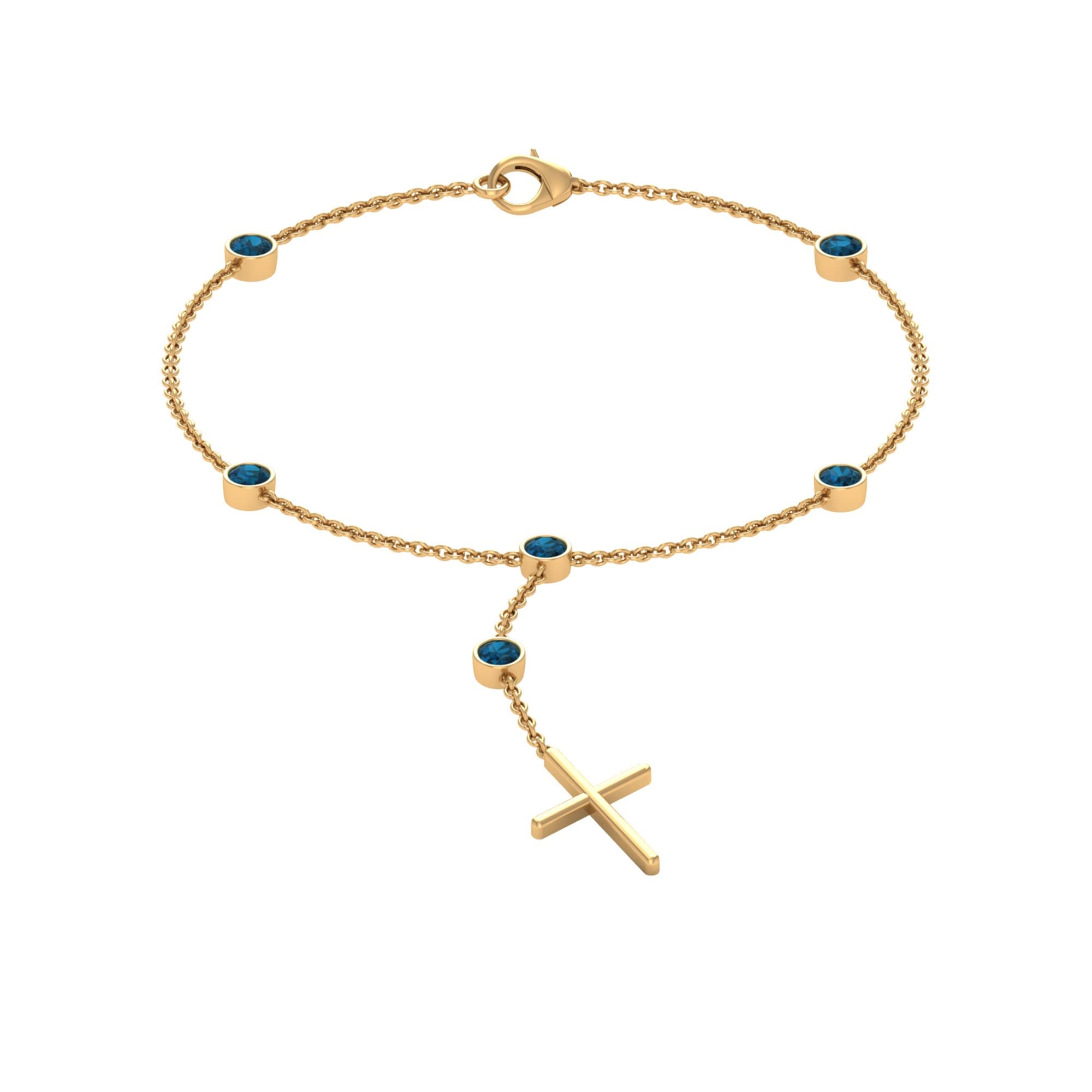 3/4 CT London Blue Topaz Station Chain Bracelet for Women - 14K Solid Gold Cross Charm Bracelet with Bezel Set December Birthstone | Elegant Jewelry Gift for Birthday, Anniversary & Special Occasions