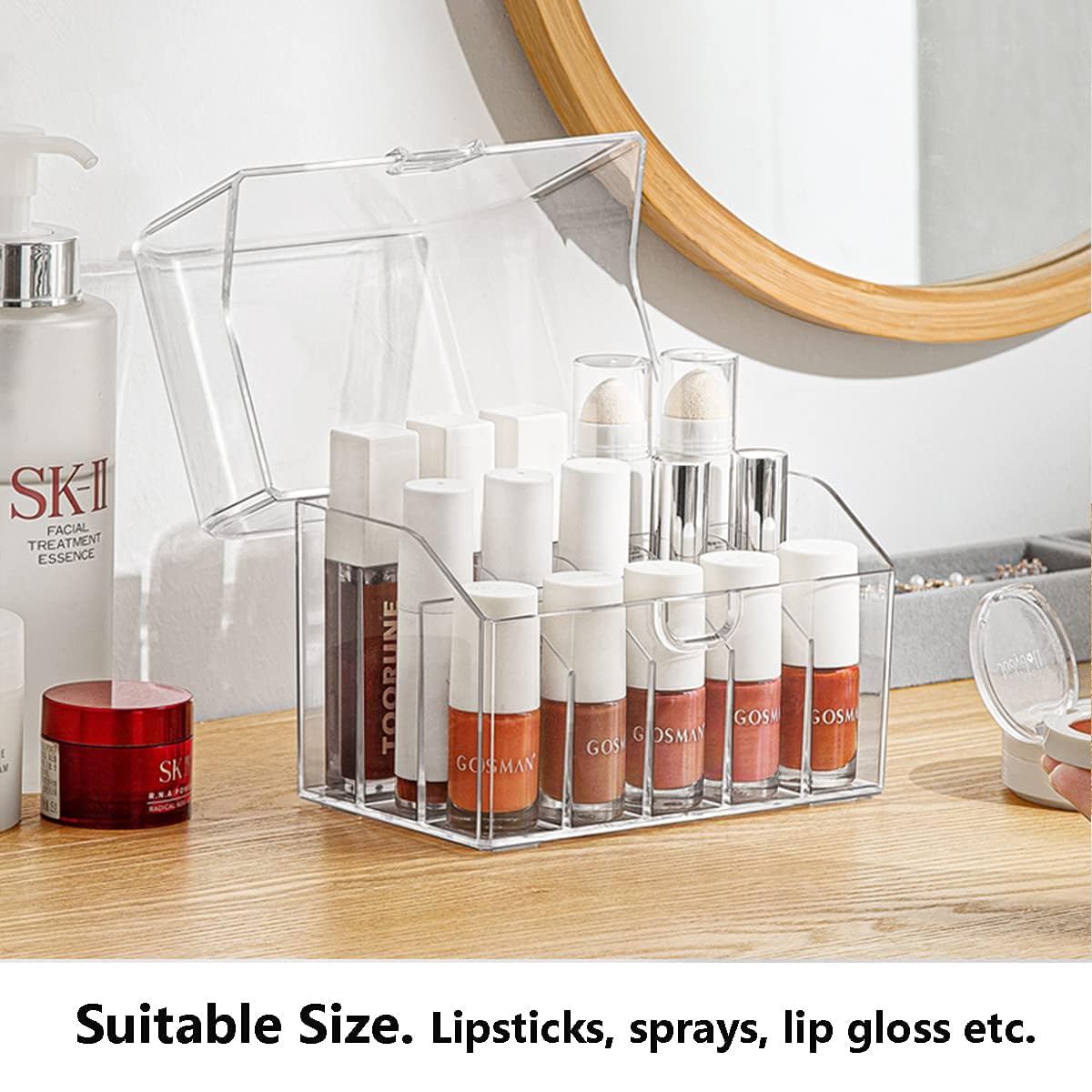 MORNITE Clear Cosmetic Organizer with Lid - Lipstick Storage Box, Makeup Tray & Dresser Holder for Countertop - Perfect for Vanity, Bathroom, and Travel Organization