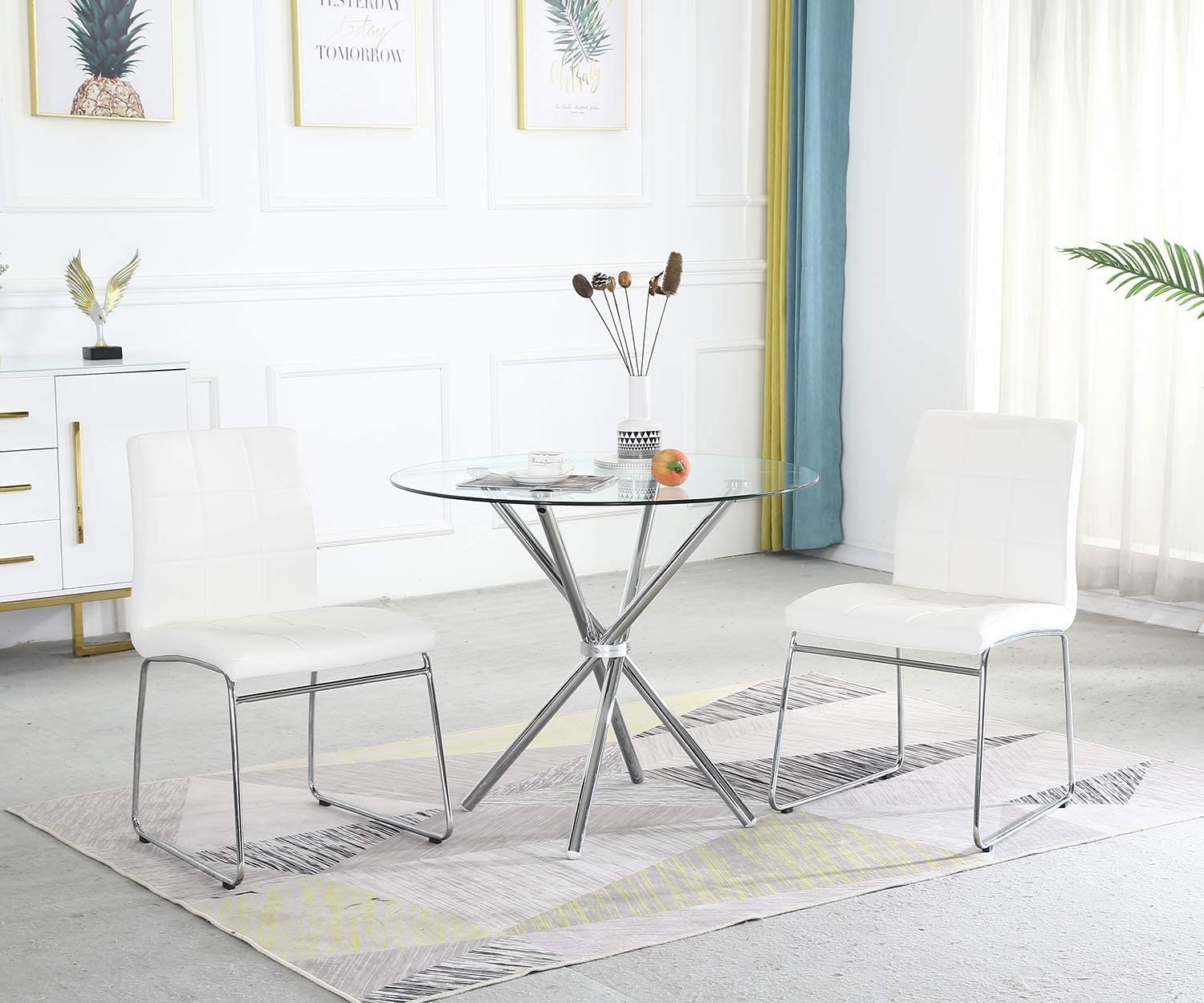 3-Piece Modern Round Glass Dining Table Set for 2 with White Faux Leather Chairs - Small Space Kitchen & Breakfast Nook Furniture for Apartments, Condos, and Cozy Homes