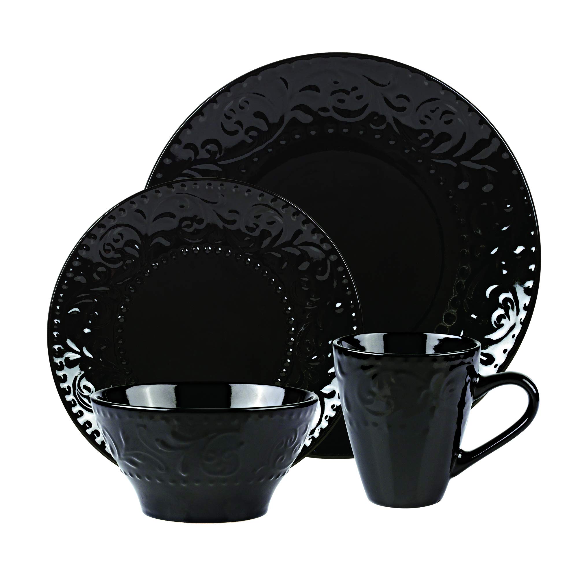 Elegant Modern Black Stoneware Scroll Dinnerware Set - 16 Piece Dish Set for Hosting, Parties, Events & Everyday Dining - Durable Ceramic Plates & Bowls for Family Meals & Entertaining