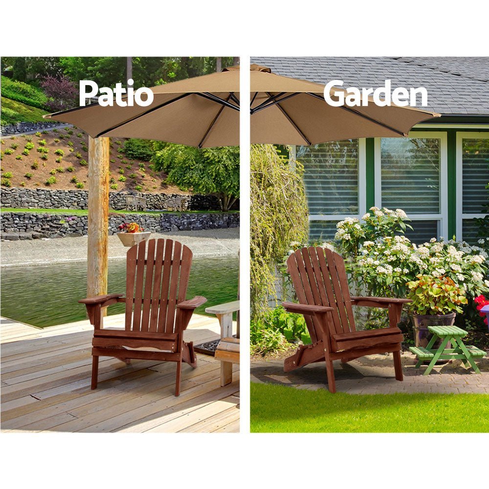 3PC Adirondack Outdoor Table and Chairs Set - Foldable Wooden Patio Furniture for Garden, Beach, Poolside - Weather-Resistant Brown Finish for Backyard Relaxation