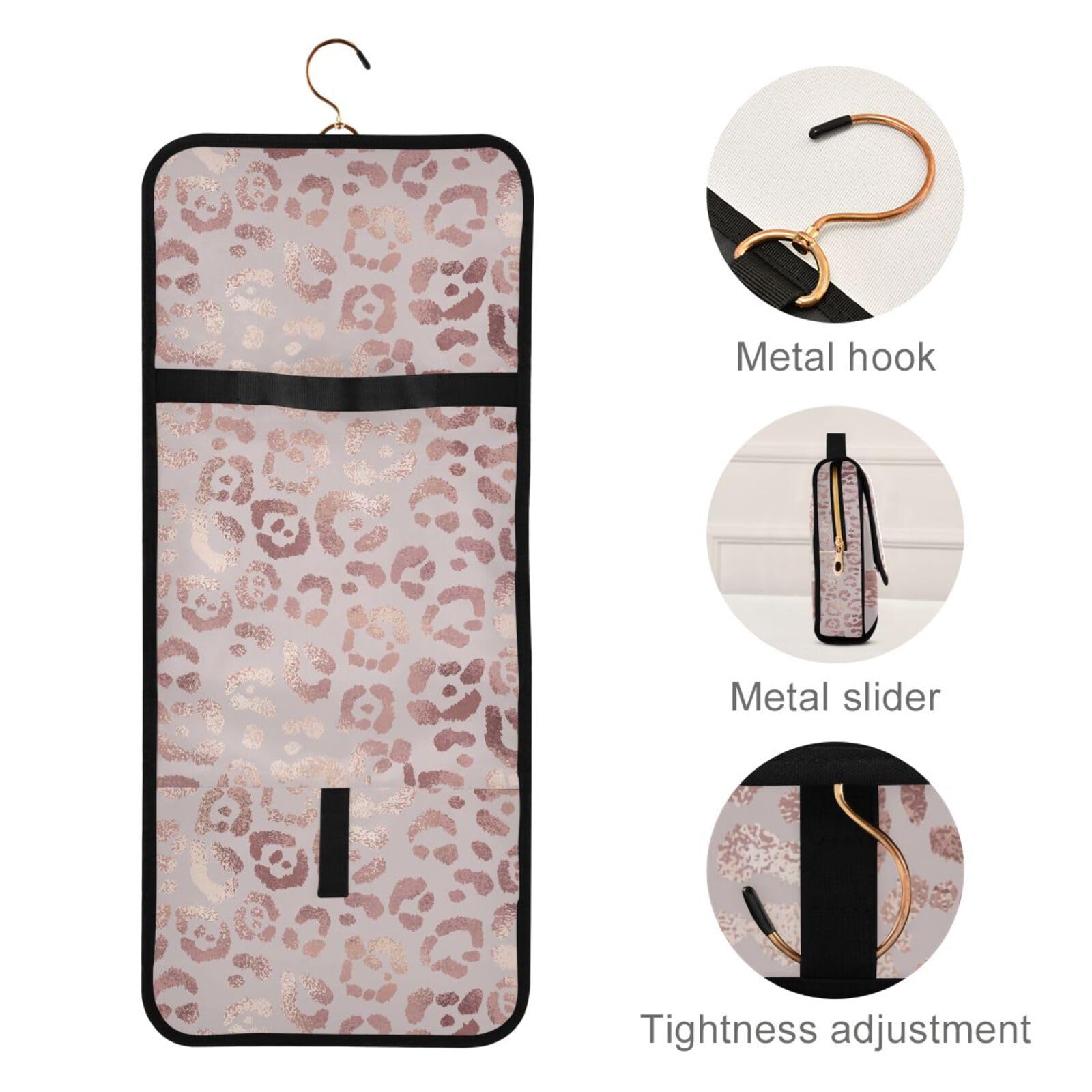 Elegant Rose Gold Leopard Print Hanging Toiletry Bag Set - 3 PCS Travel Makeup Organizer with Clear Compartments | Portable Cosmetic Storage for Women | Perfect for Vacation, Gym, Camping & Business Trips