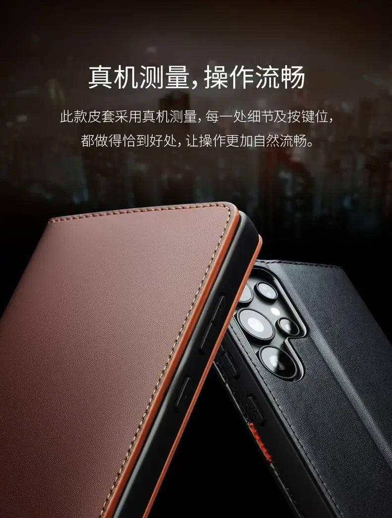 Samsung Galaxy S25 Ultra Genuine Leather Flip Wallet Case - Retro Style Protective Cover with Card Slots for Daily Use & Travel Accessories