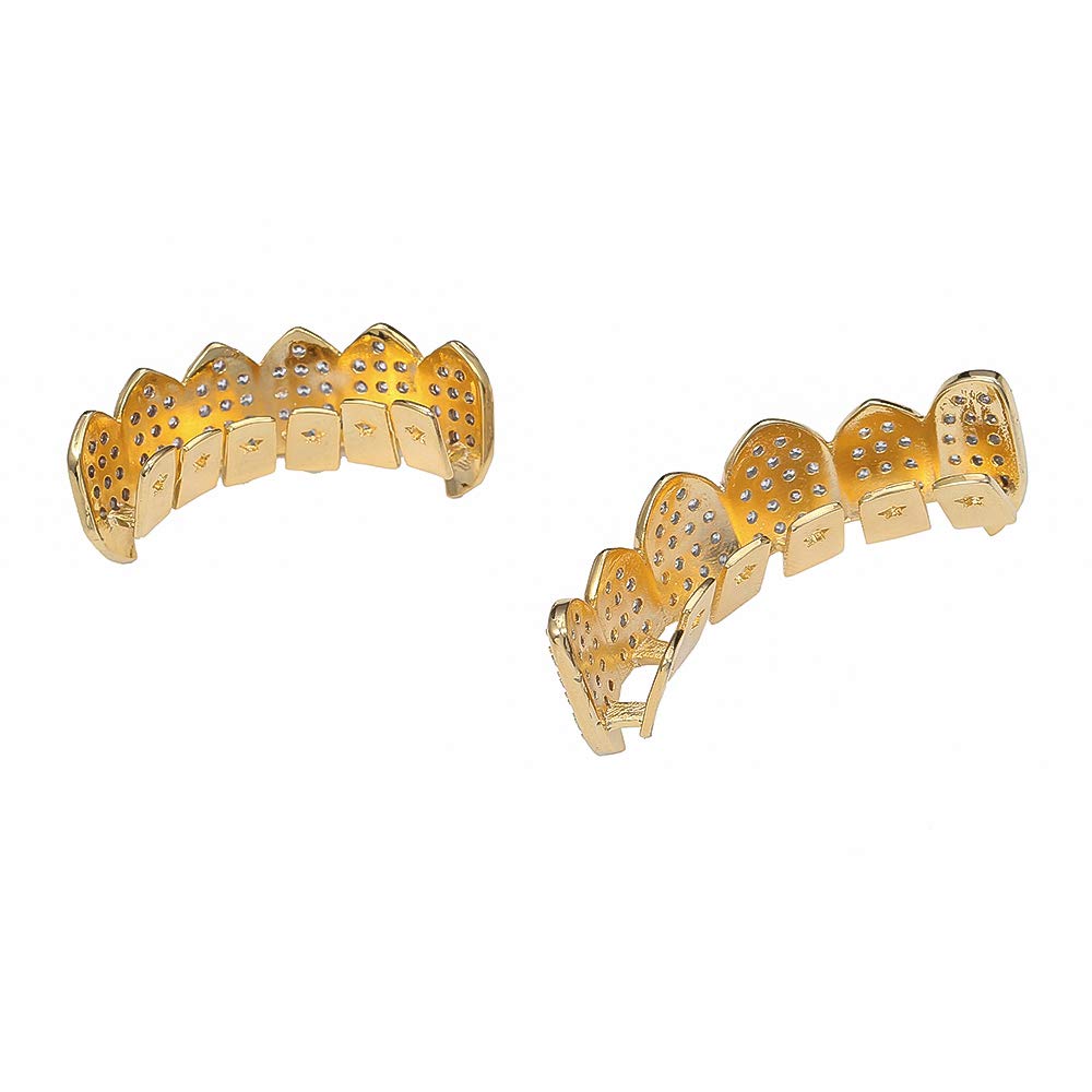 14K Gold Plated Grillz for Men & Women - Iced Out CZ Vampire Teeth Grill Set with Top & Bottom Grills & Extra Molding Bars | Hip Hop Jewelry, Rap Accessories, Party Wear, Halloween Costume