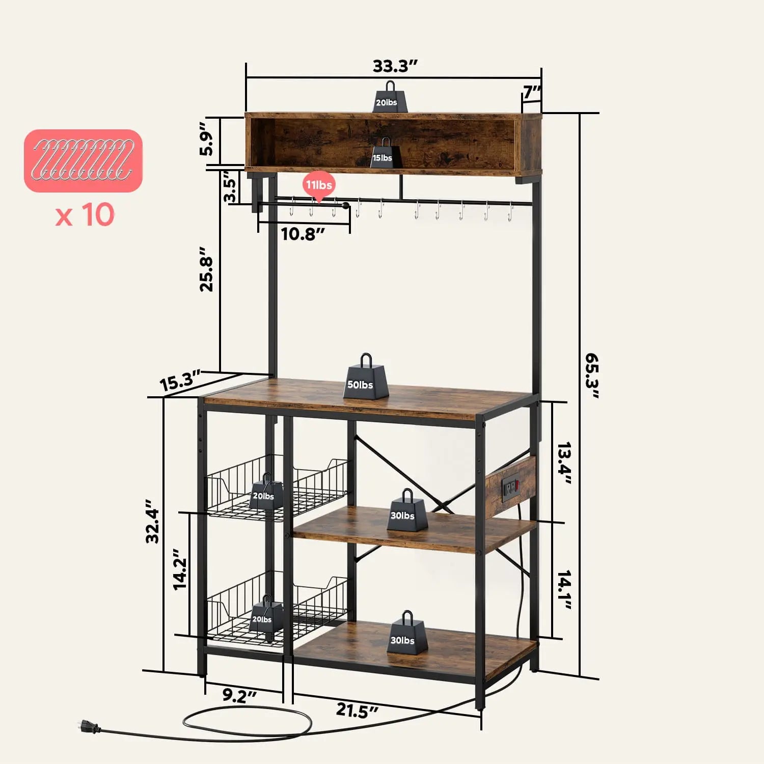 Bestier Metal Bakers Rack with Power Outlet - 3-Tier Kitchen Storage Shelf for Baking Supplies, Spices & Cookbooks | Perfect for Small Kitchens, Bakeries & Coffee Shops