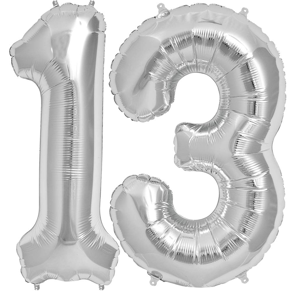 Tellpet Silver Number 13 Balloons - 40 Inch Large Foil Balloons for 13th Birthday Party Decorations, Anniversary Celebrations & Graduation Events