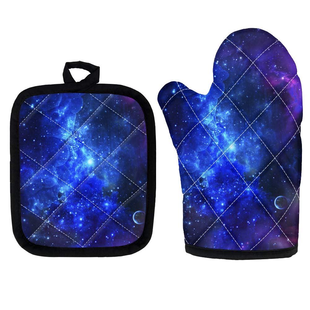 JEOCODY Galaxy Stars Oven Mitts and Pot Holders Set - Heat Resistant, Non-Slip Kitchen Gloves for Baking, Grilling, BBQ & Microwave Cooking - Perfect for Home Kitchen, Camping & Outdoor Cooking