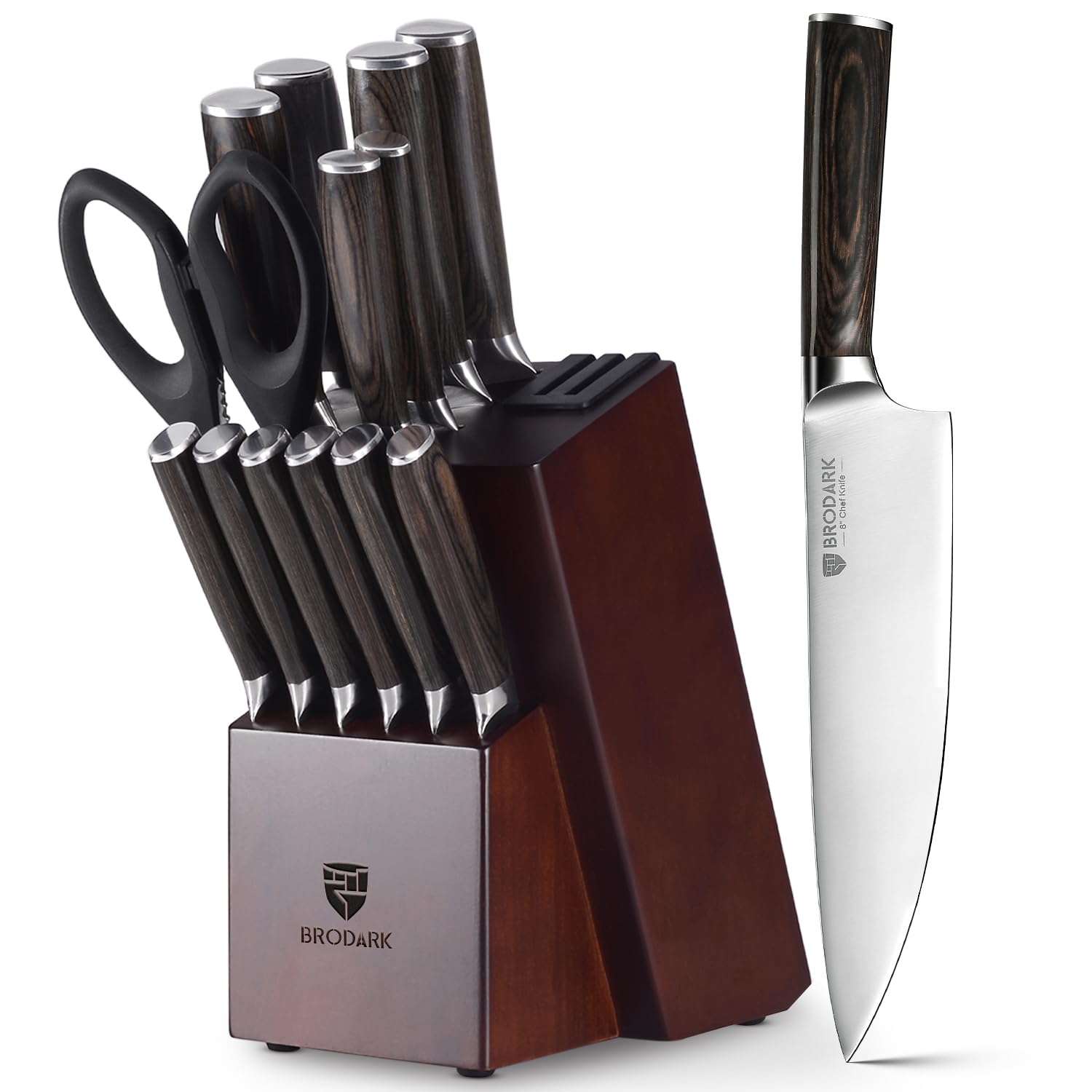 15-Piece Professional German Stainless Steel Knife Block Set - Ultra Sharp Kitchen Knives with Wooden Block & Sharpener - Ergonomic Full Tang Chef Knives for Slicing, Dicing, and Meal Prep - Perfect for Home Cooks & Professional Kitchens