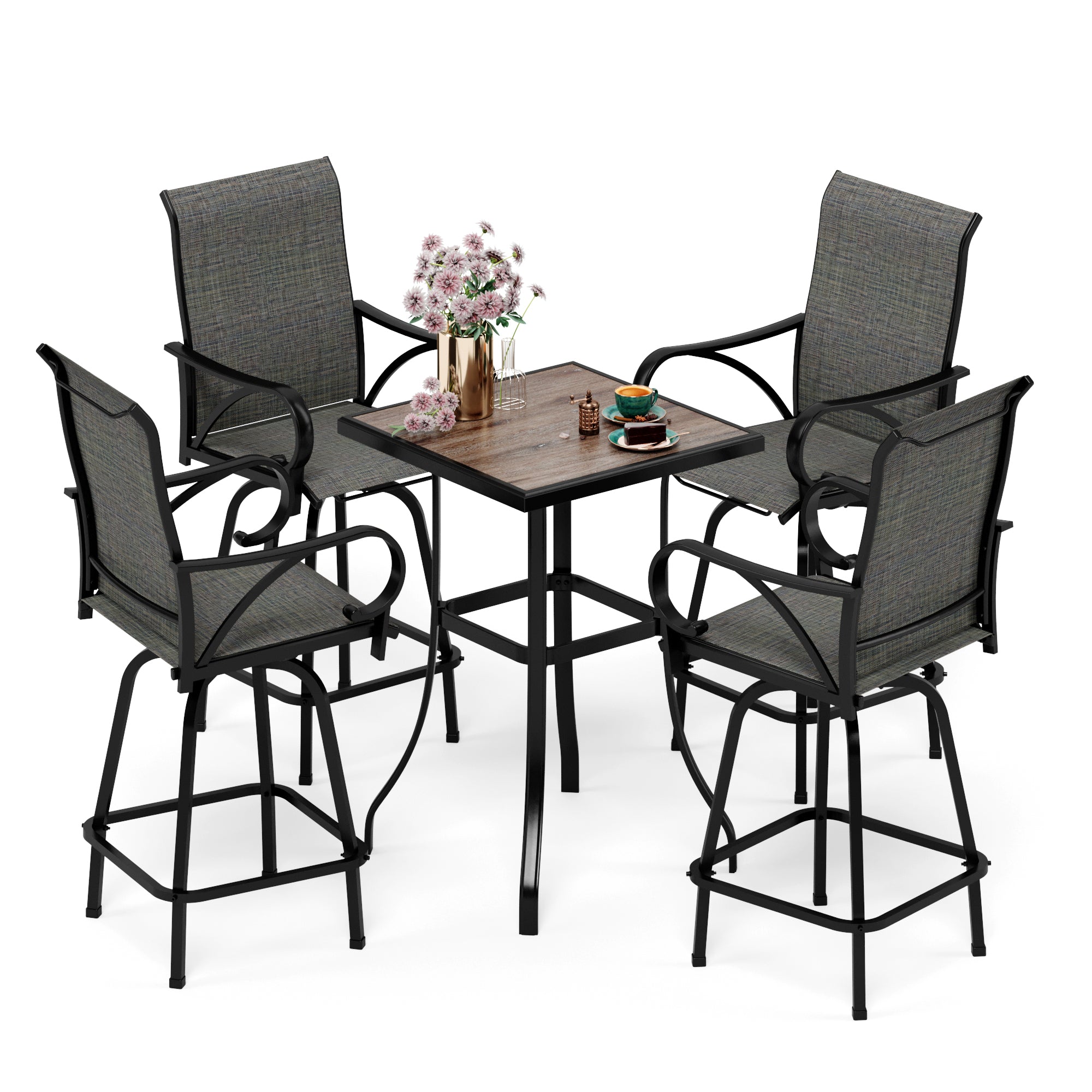Sophia & William Patio High Bar Stool Set - 2 Pack Wood Look Outdoor Swivel Bar Stools with Grey Textilene Sling Fabric - Perfect for Backyard, Deck, Poolside & Outdoor Dining Areas