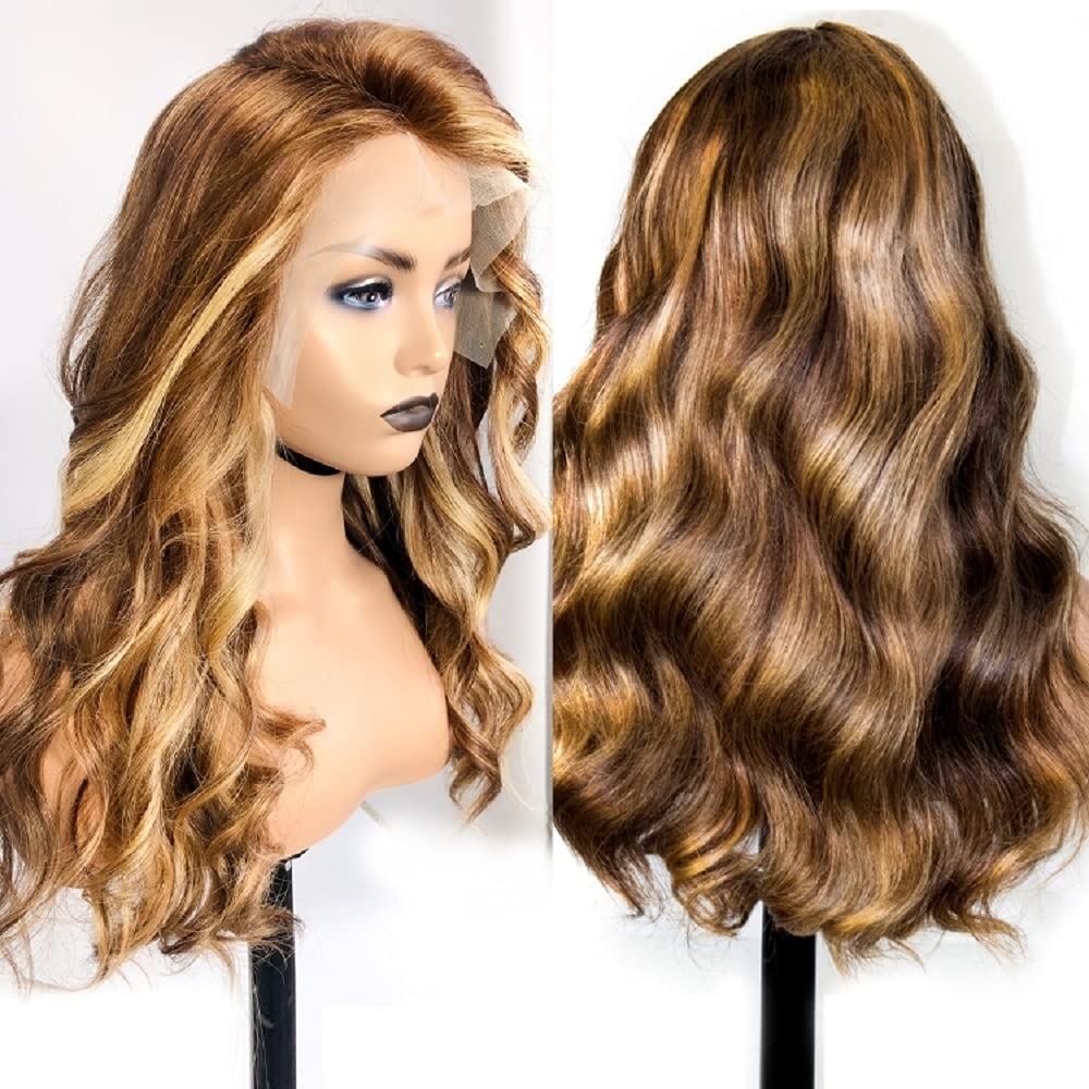 Brazilian Human Hair Body Wave Lace Front Wig 13x4 V-Part - Ombre Highlight Pre Plucked with Baby Hair for Black Women (4/27 Color, 16 Inch) | Perfect for Daily Wear, Parties & Special Occasions