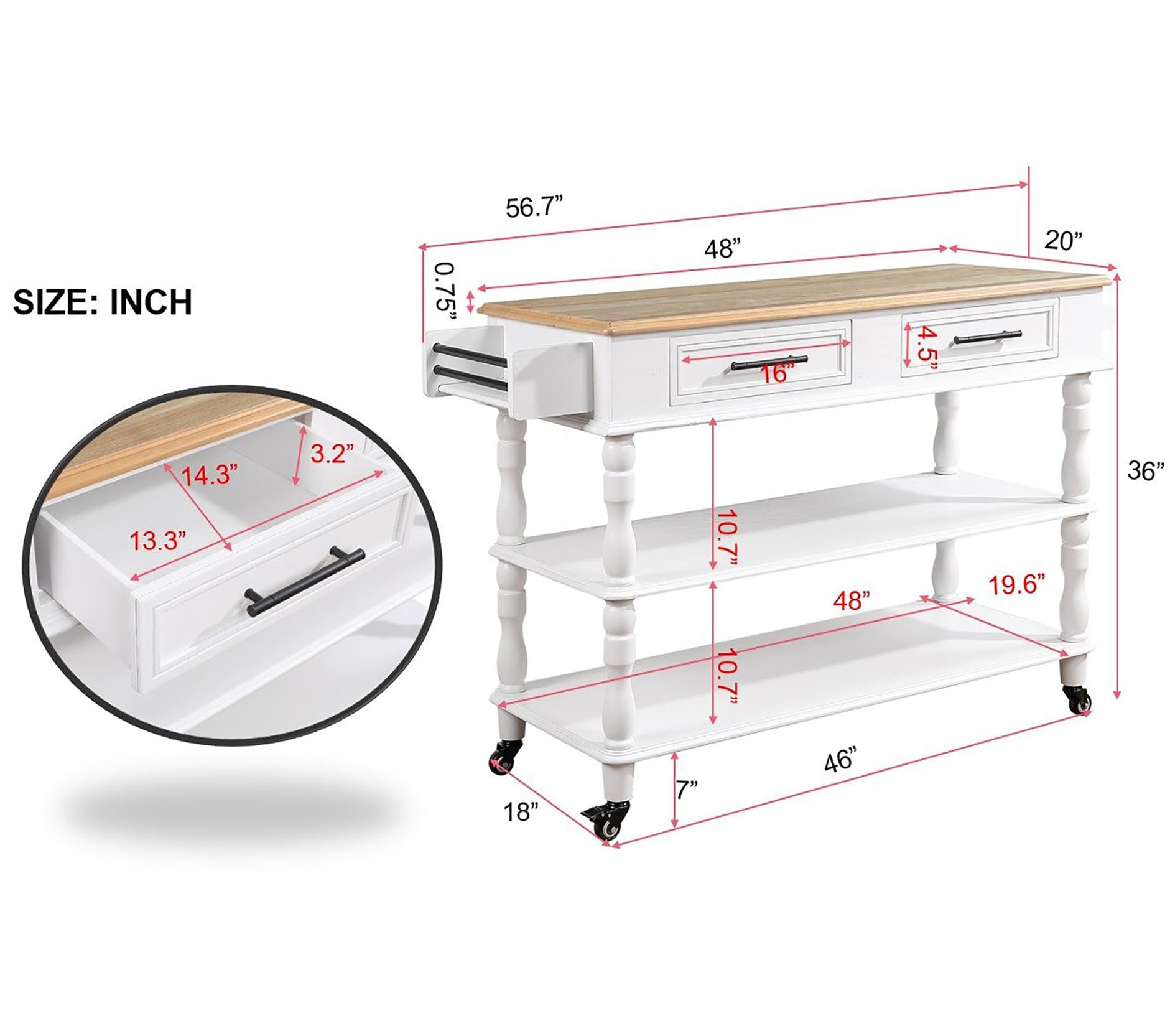 56 Inch Solid Oak Wood Kitchen Island Cart with 2 Drawers & Storage Shelves - Rolling Kitchen Cart with Wine Rack, Spice Organizer - White - Perfect for Small Kitchens, Dining Rooms & Home Bar Setup