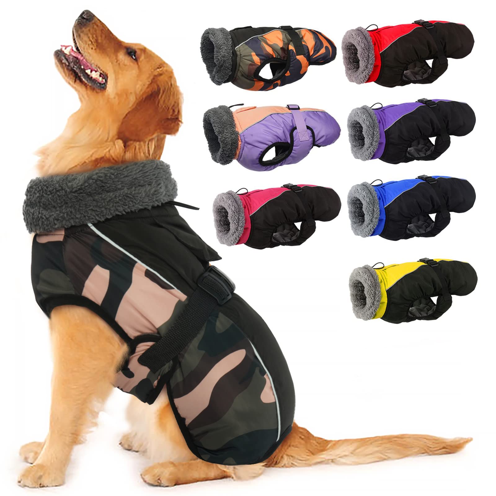 IECOii Reflective Adjustable Fleece Dog Jacket - Extra Warm Winter Coat with Buckle & Turtleneck for Small, Medium, Large Dogs - Green Camo - Perfect for Cold Weather Walks & Outdoor Adventures